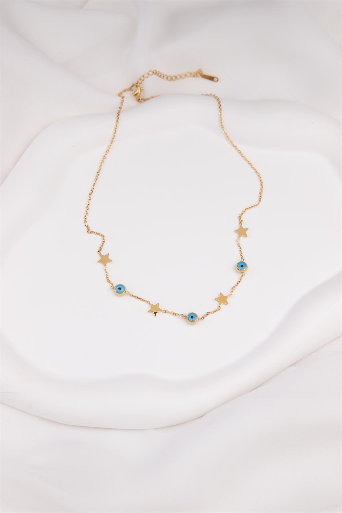 Yıldız ve Nazar Sıralı Gold Çelik Kolye