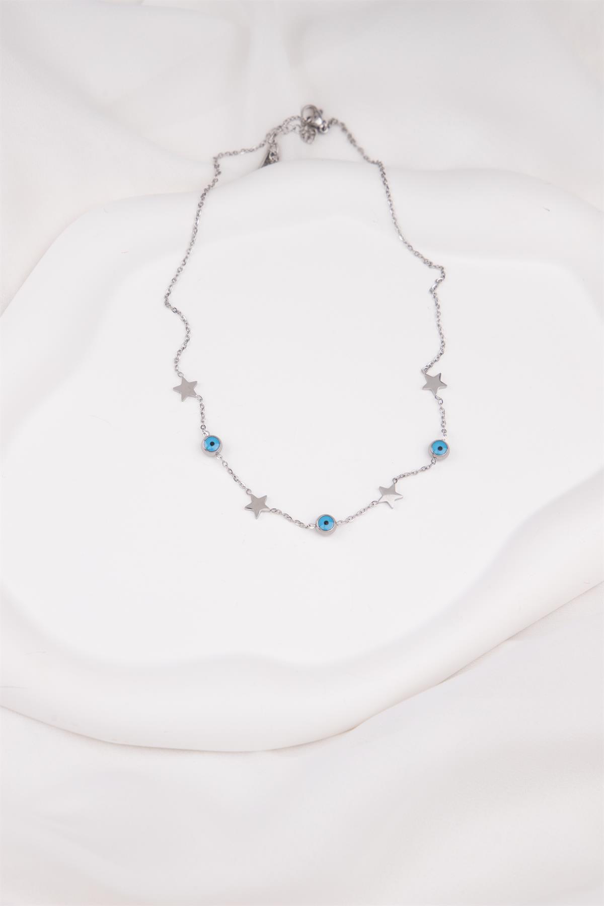 Yıldız ve Nazar Sıralı Gümüş Çelik Kolye