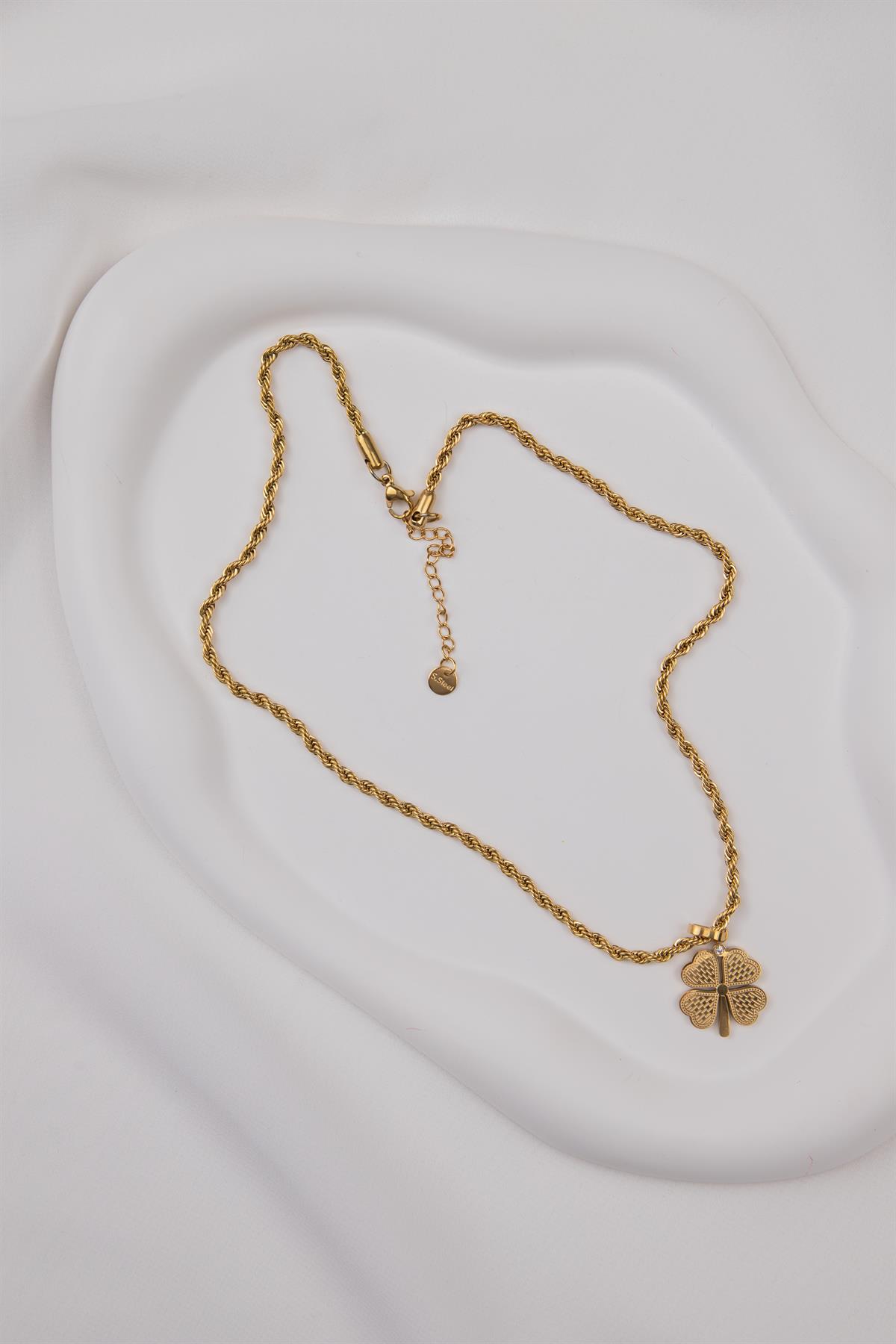 Yonca Figürlü Burgu Zincir Gold Çelik Kolye