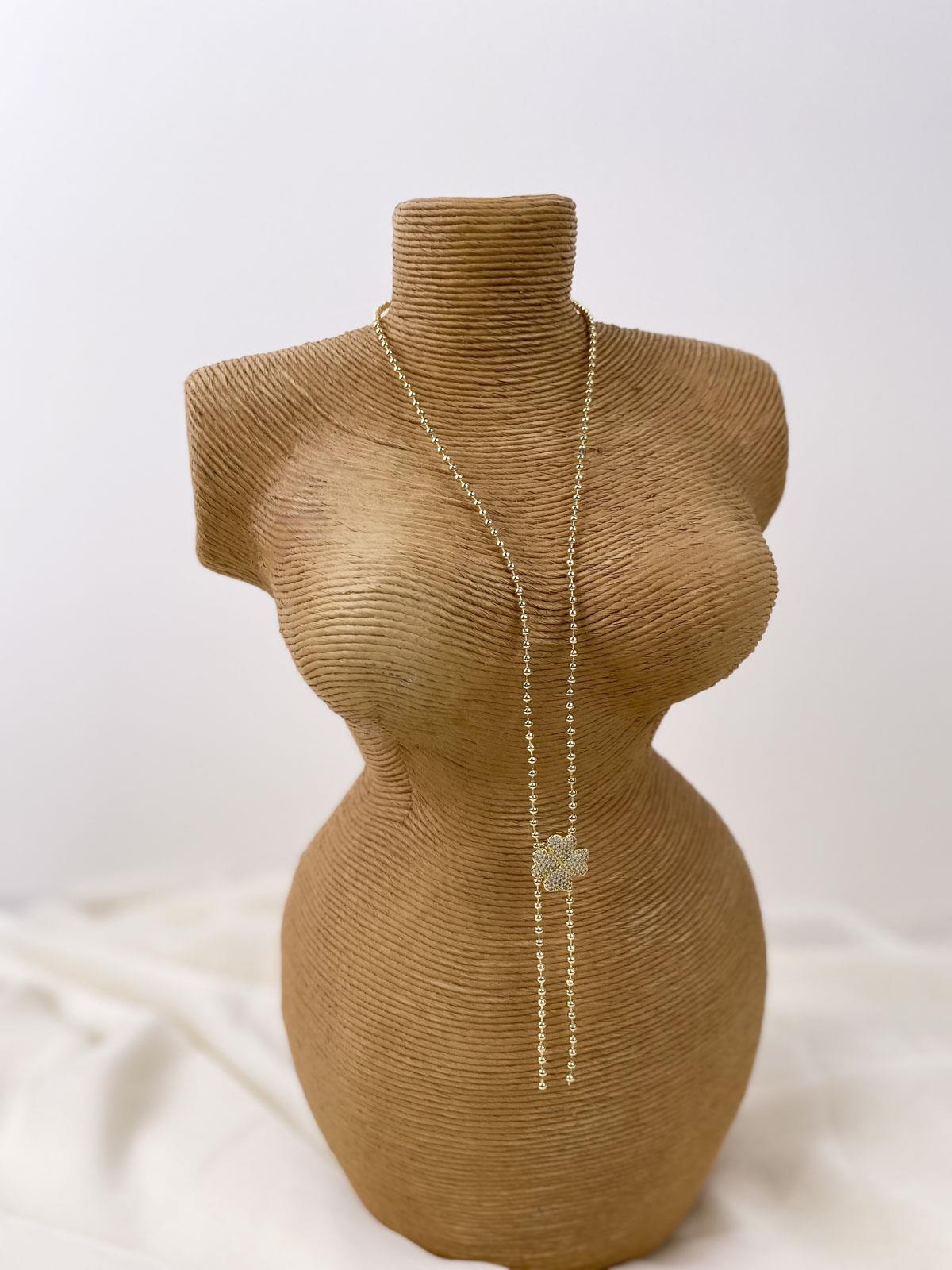 Yonca Figürlü Taşlı Topçuk Zincir Gold Y Kolye