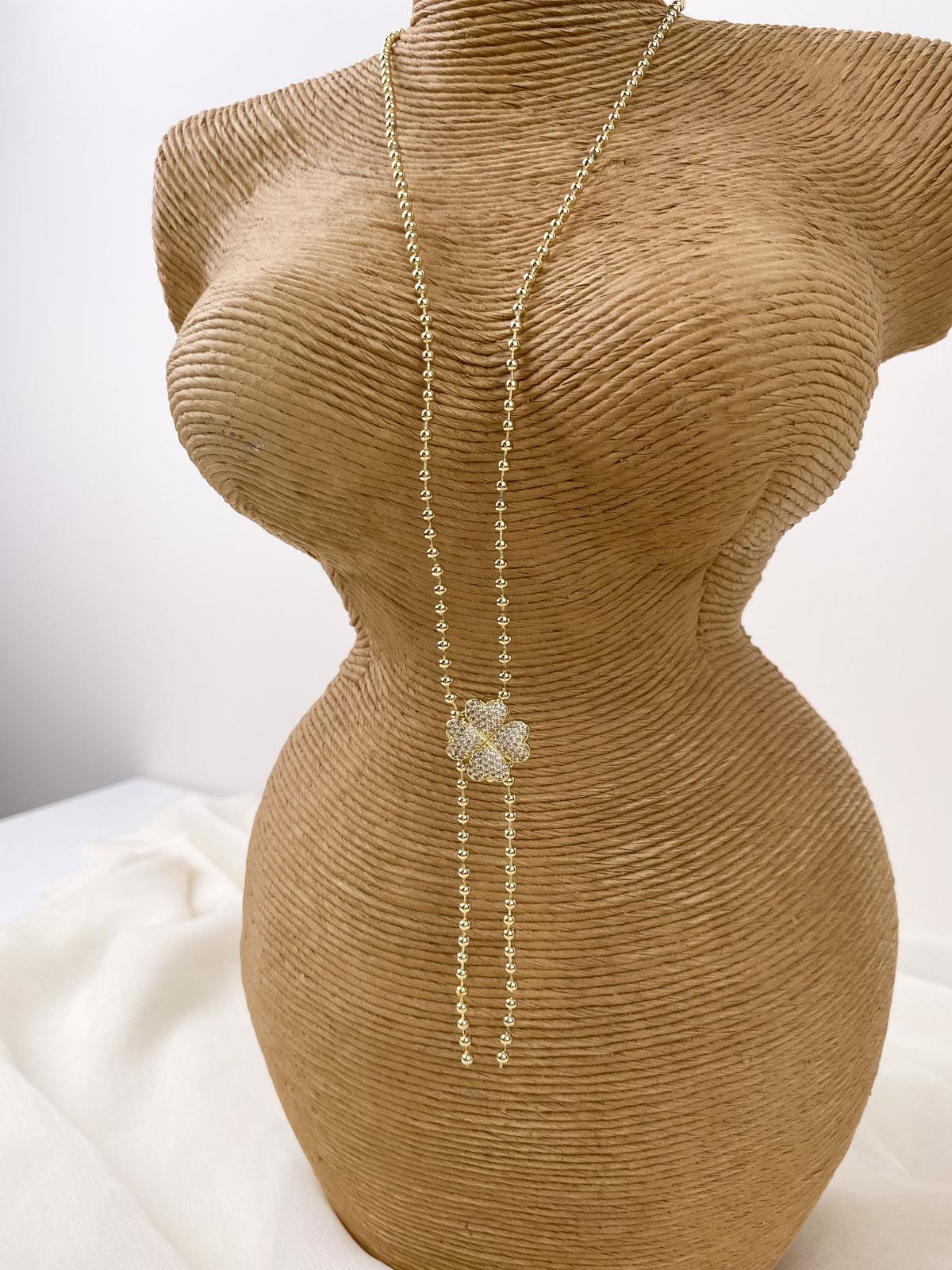 Yonca Figürlü Taşlı Topçuk Zincir Gold Y Kolye