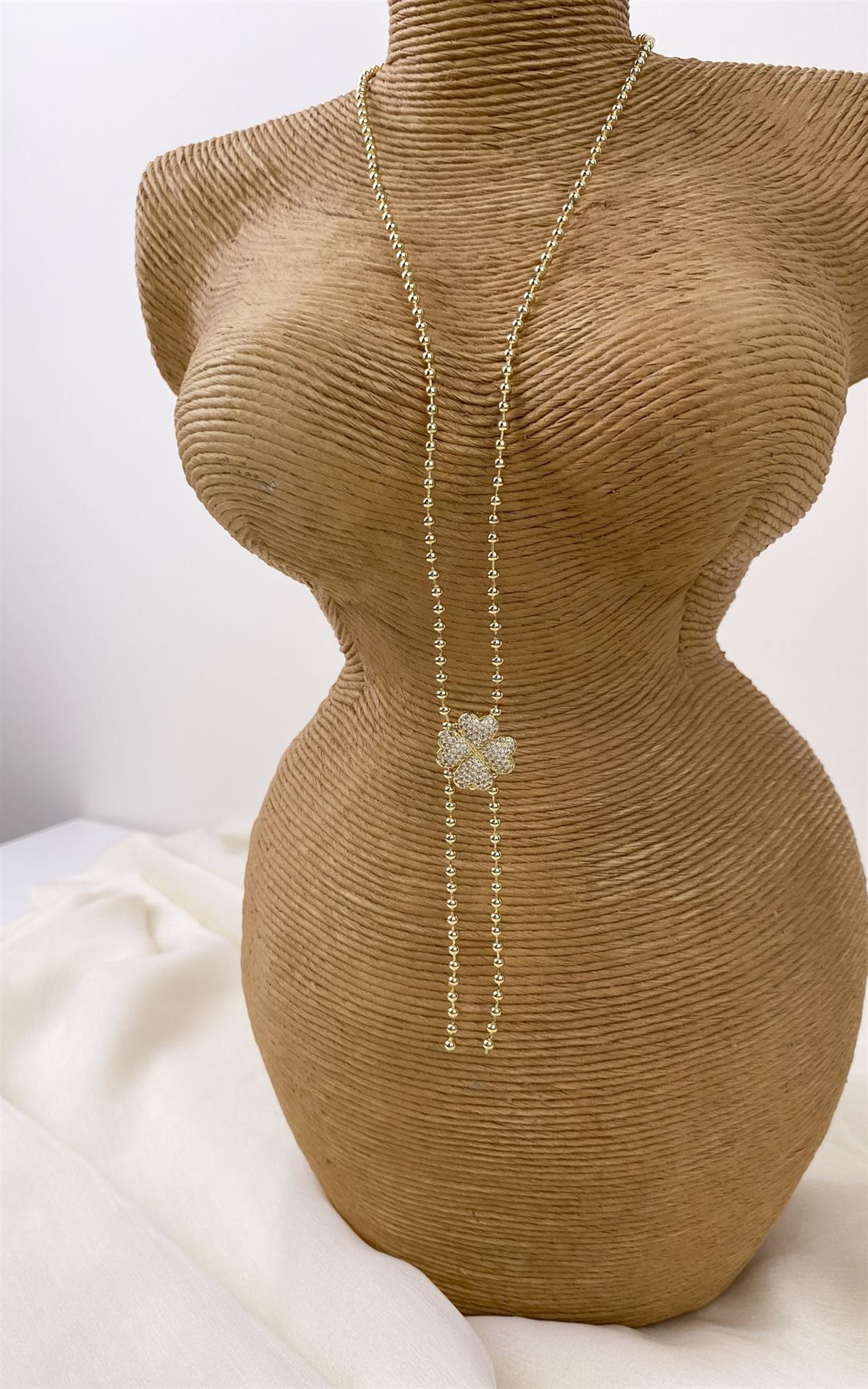 Yonca Figürlü Taşlı Topçuk Zincir Gold Y Kolye