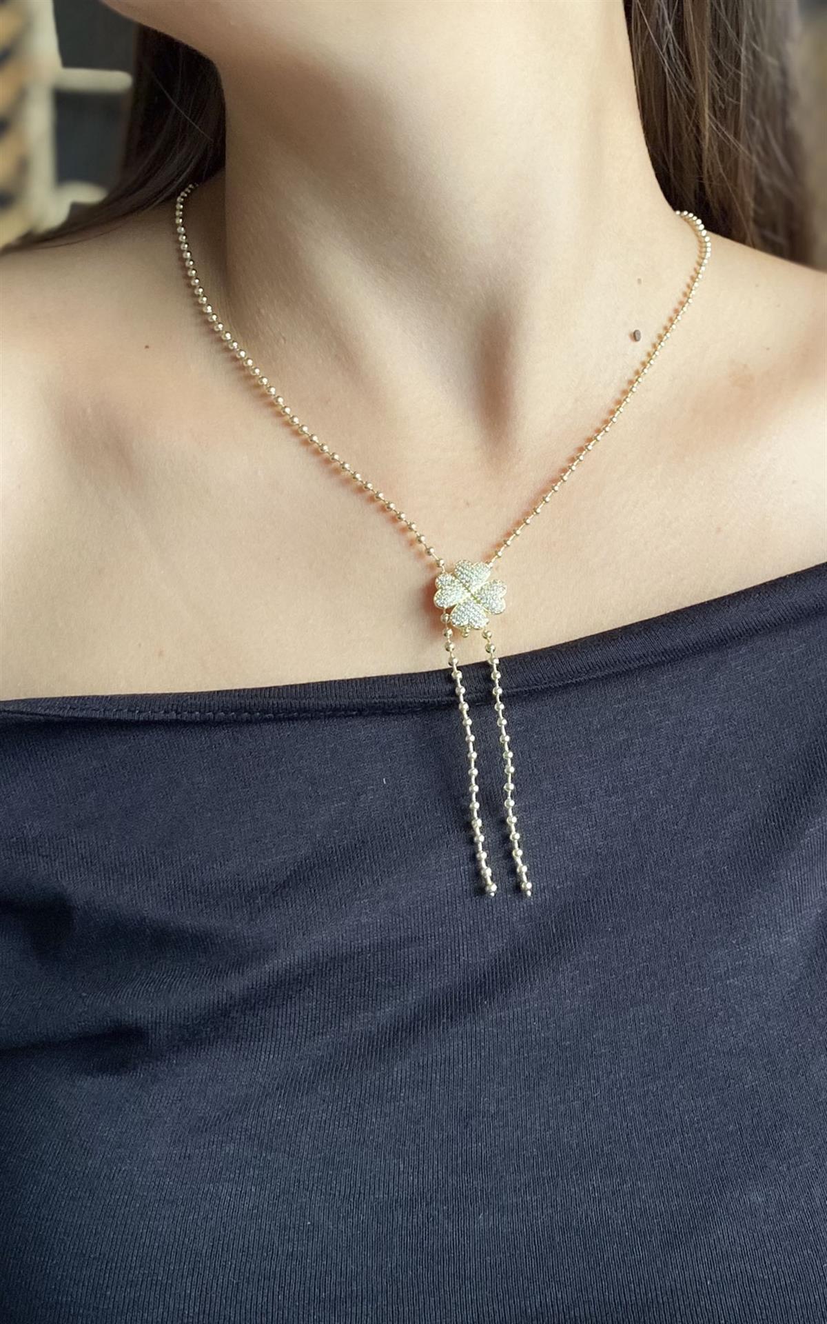 Yonca Figürlü Taşlı Topçuk Zincir Gold Y Kolye