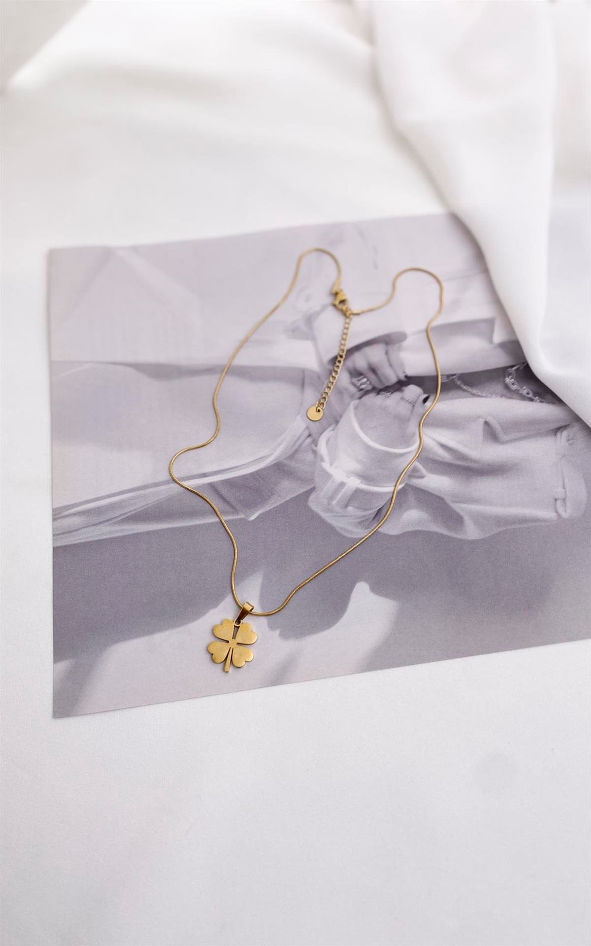 Yonca Figürlü Yılan Zincir Gold Çelik Kolye