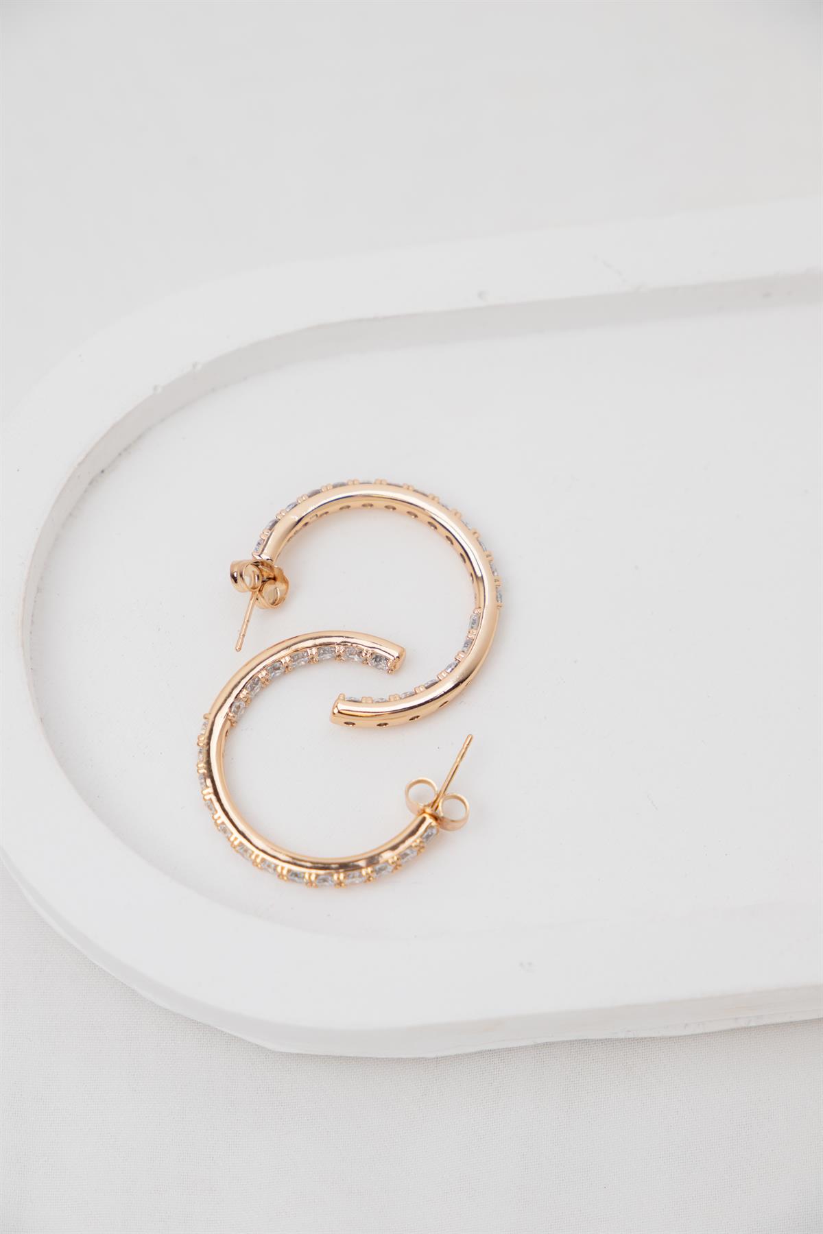 Zirkon Taşlı Gold Yarım Halka Küpe