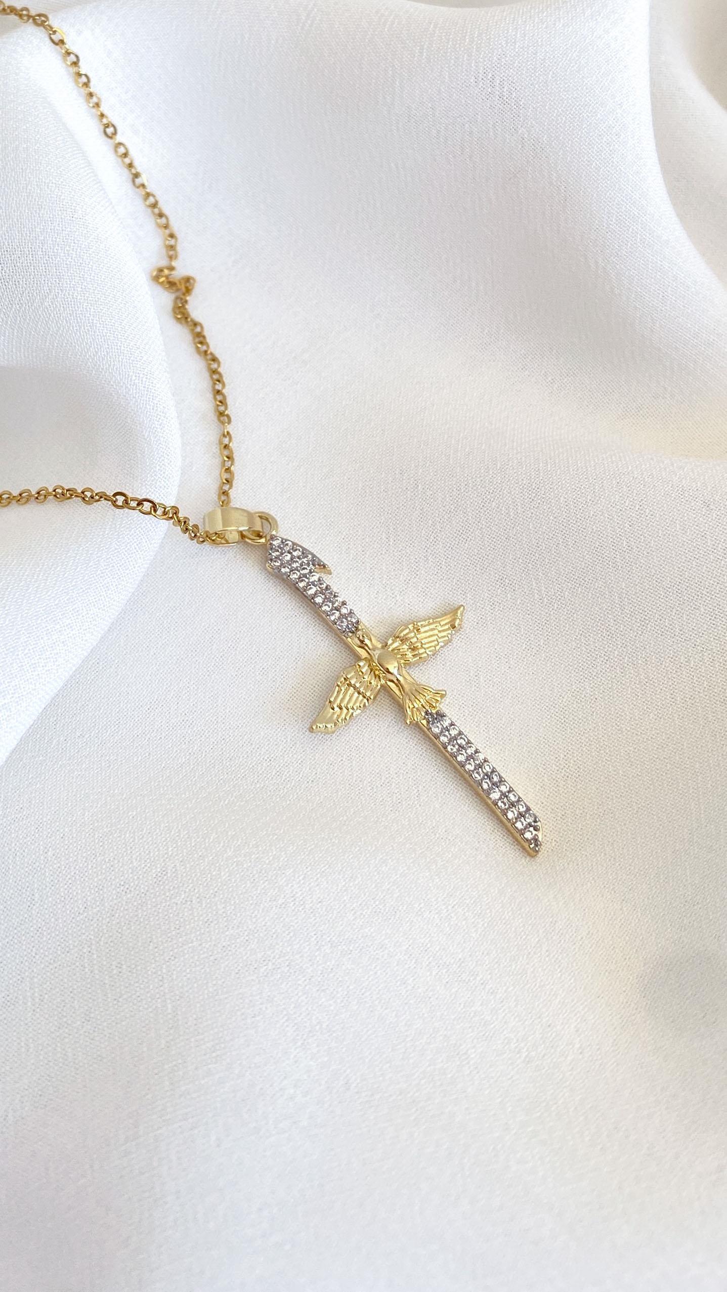 Anka Kuşu ve Elif Figürlü Zirkon Taşlı Gold Gümüş Çelik Kolye