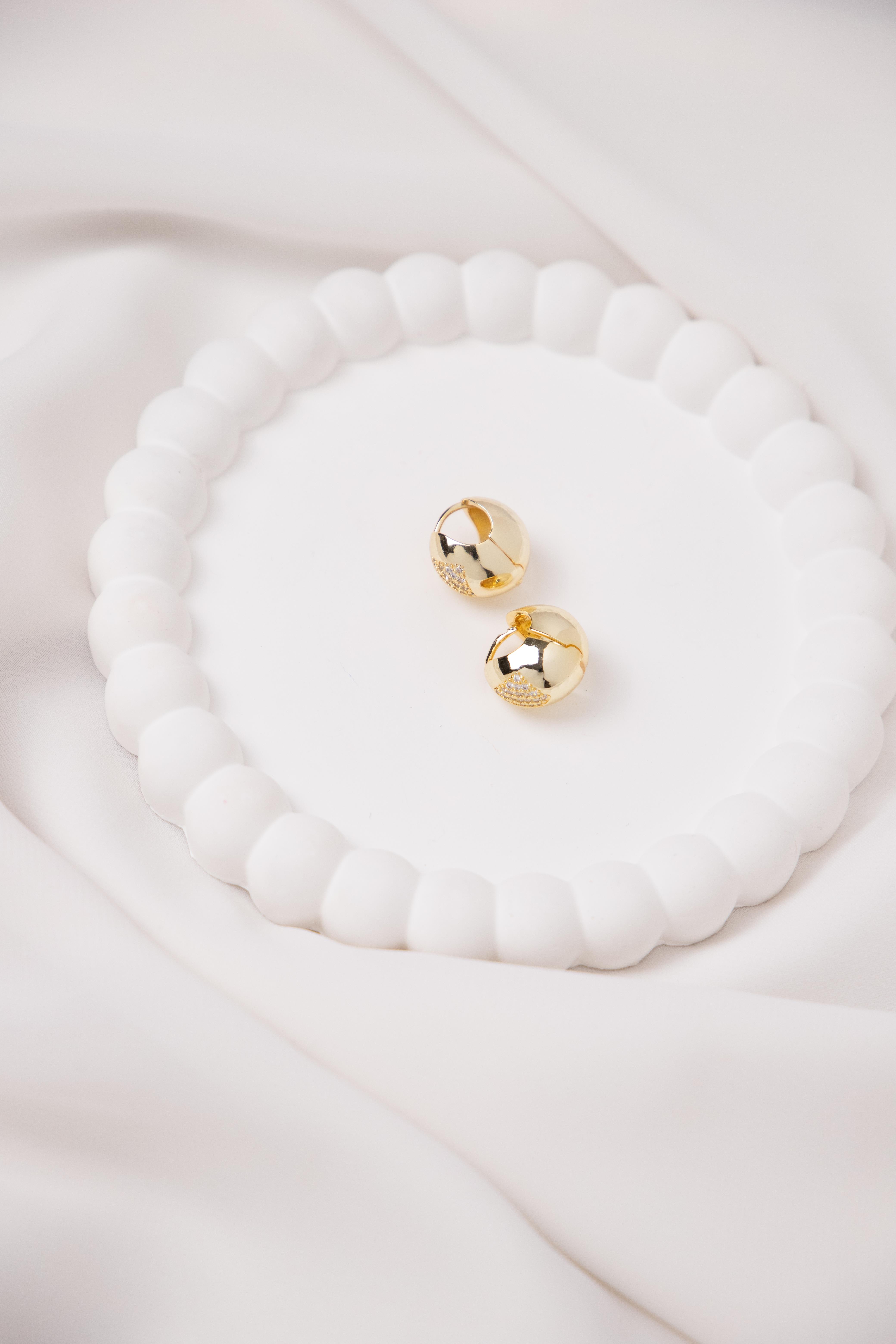 Bombeli Zirkon Taş Detaylı Gold Halka Küpe