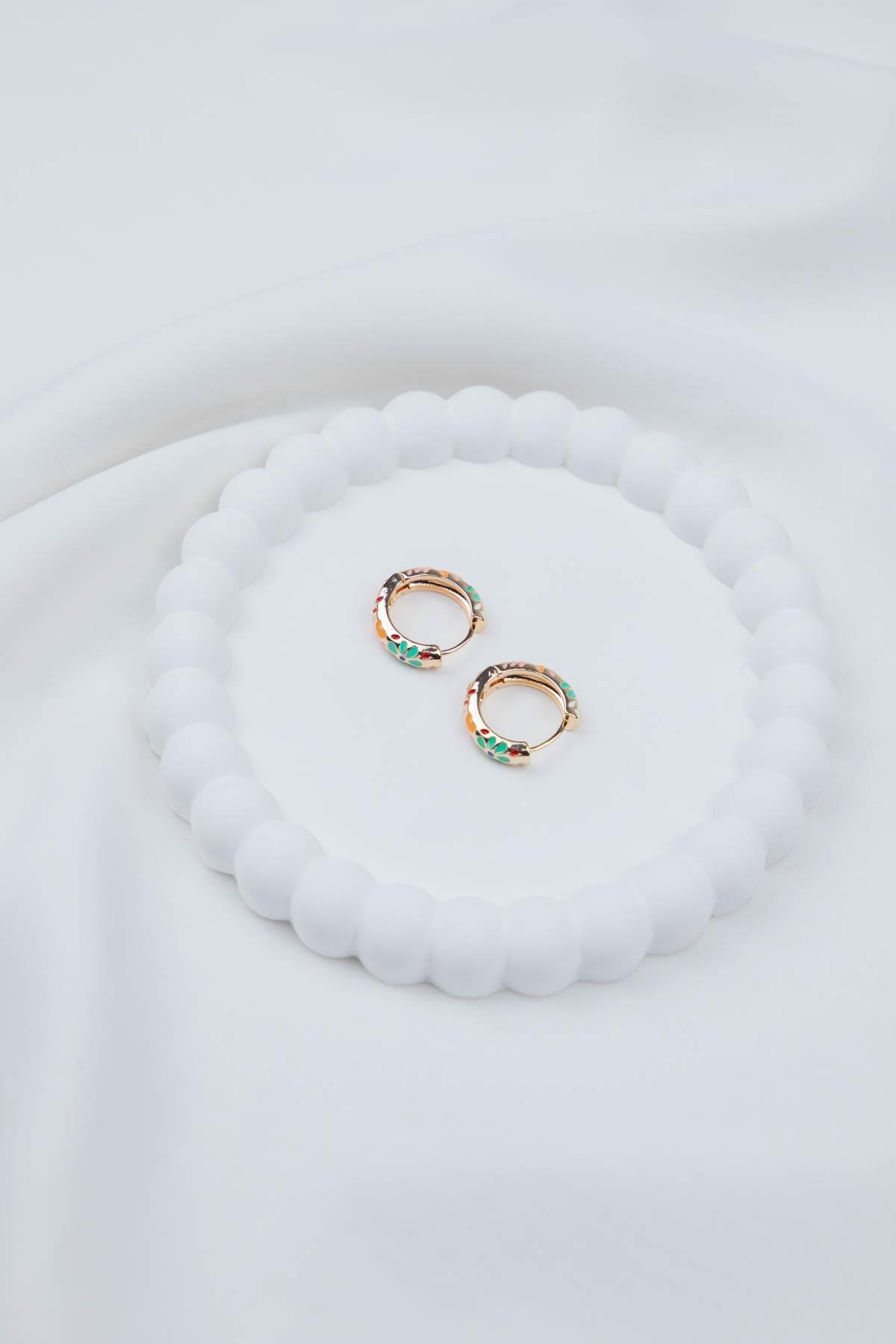 Çiçek Desenli 1.5cm Yeşil Halka Küpe