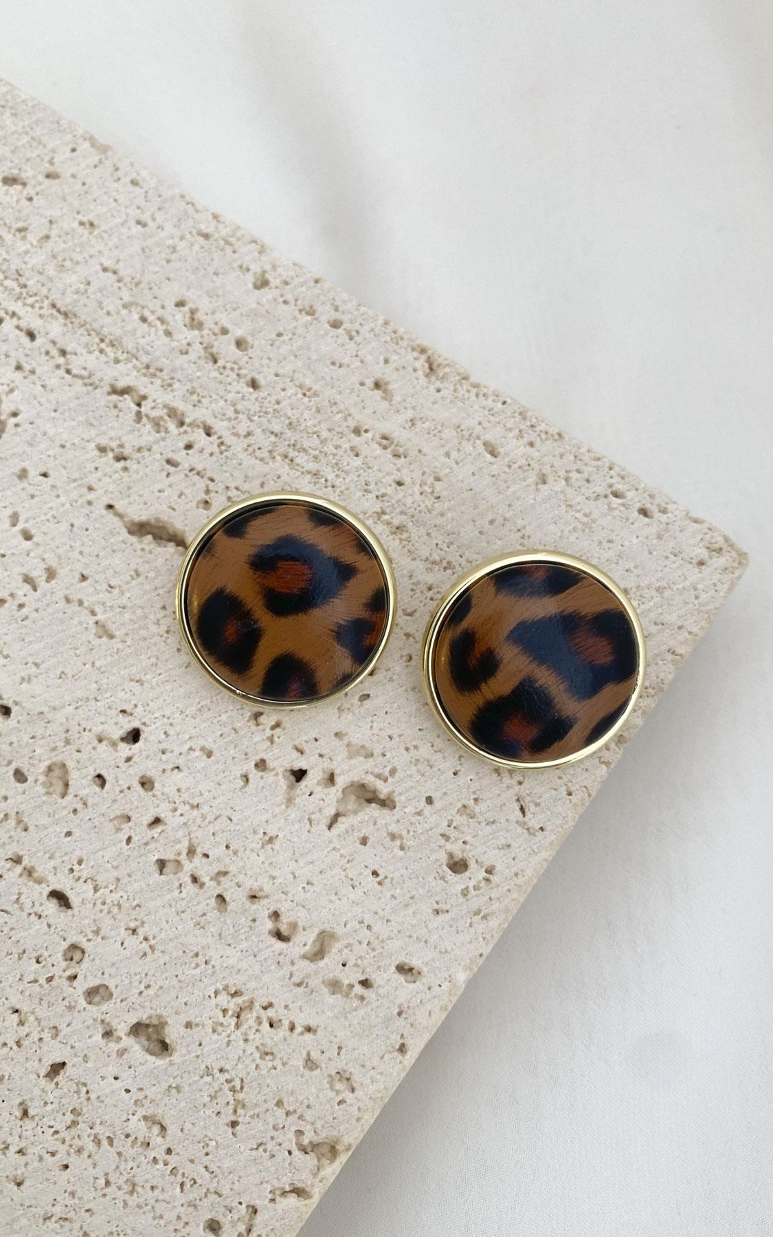 Daire Plaka Leopar Desenli Gold Küpe