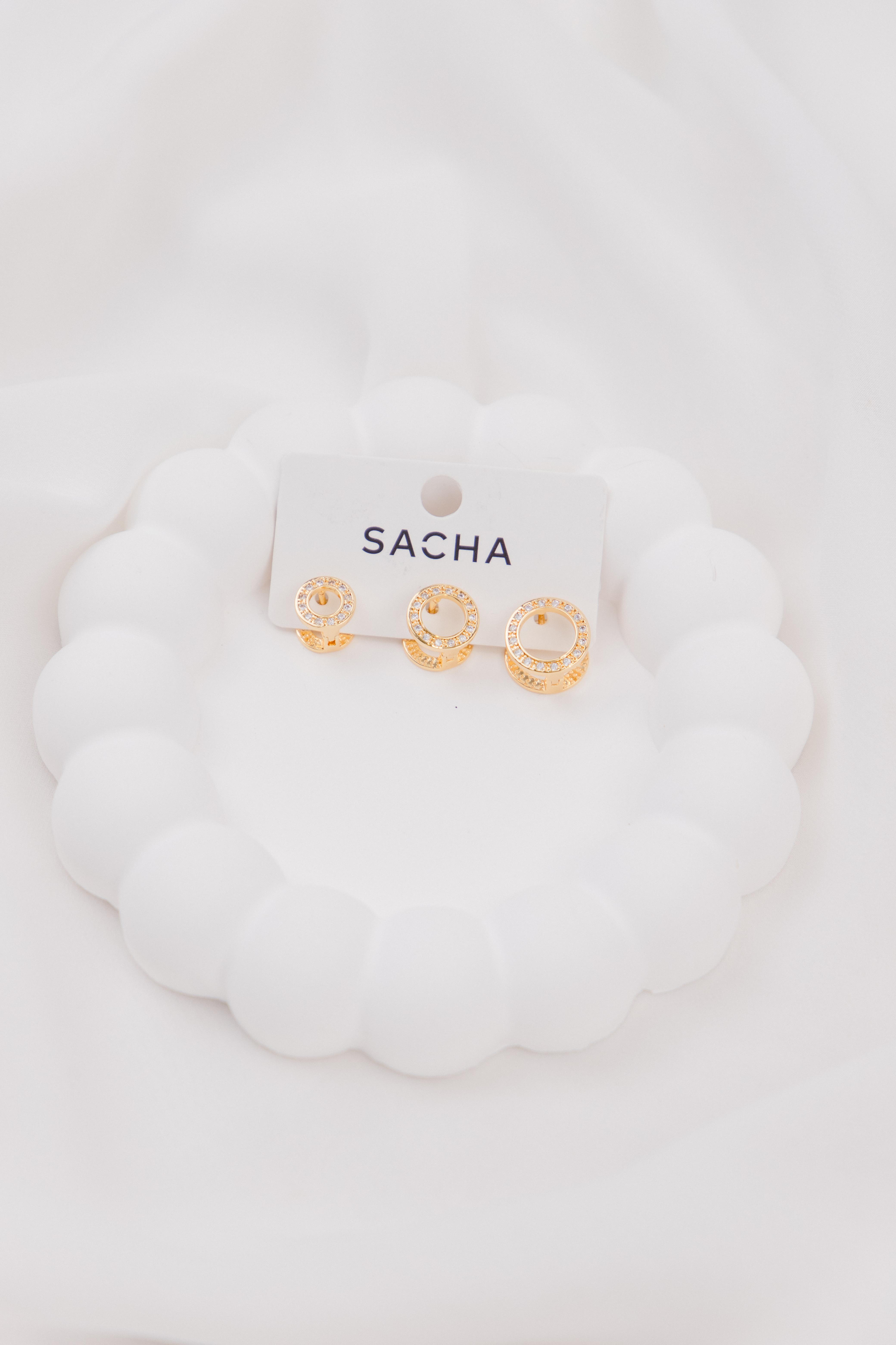 Daire Zirkon Taşlı Gold Set Küpe