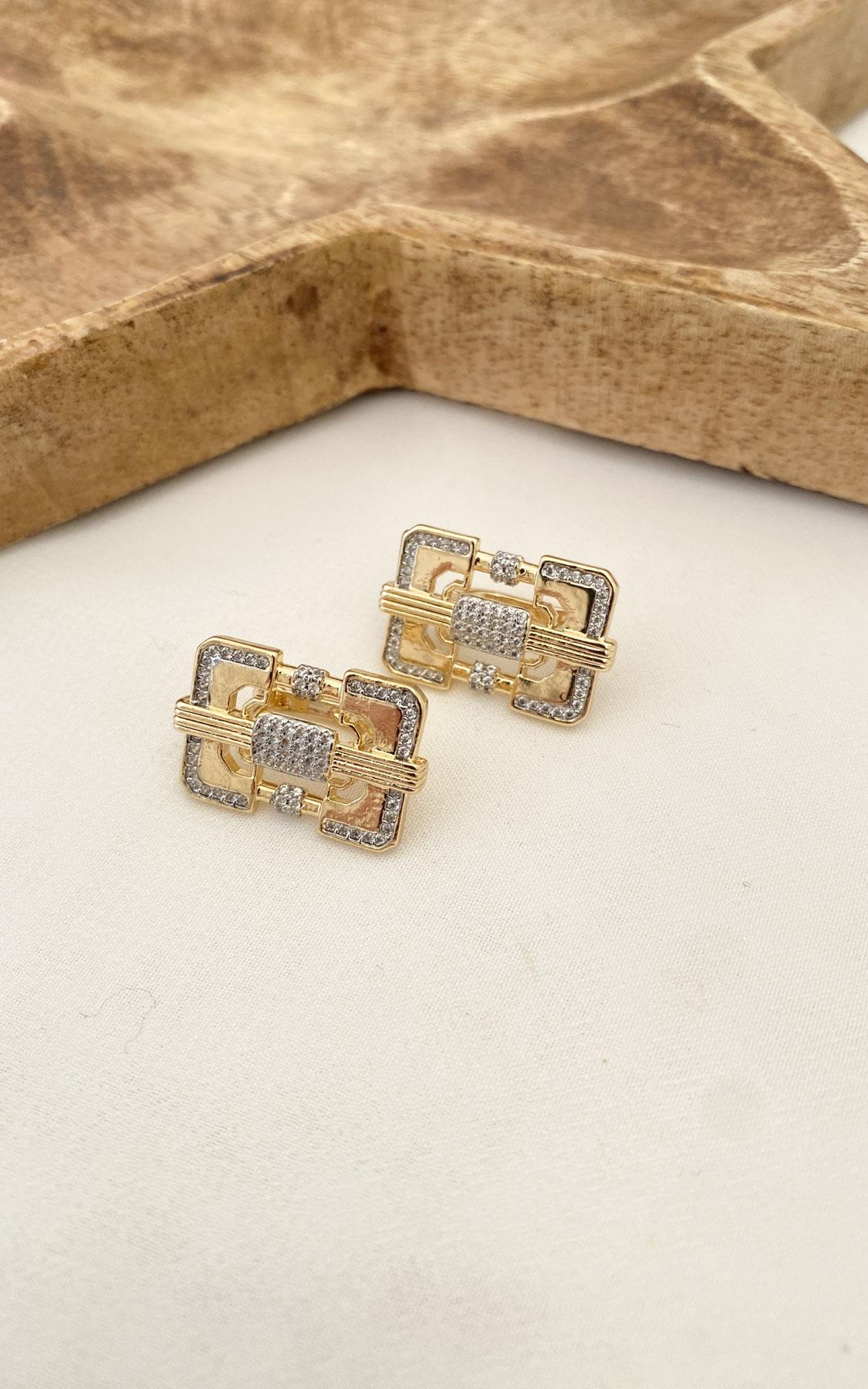 Dikdörtgen Zirkon Taşlı Gold Gümüş Küpe