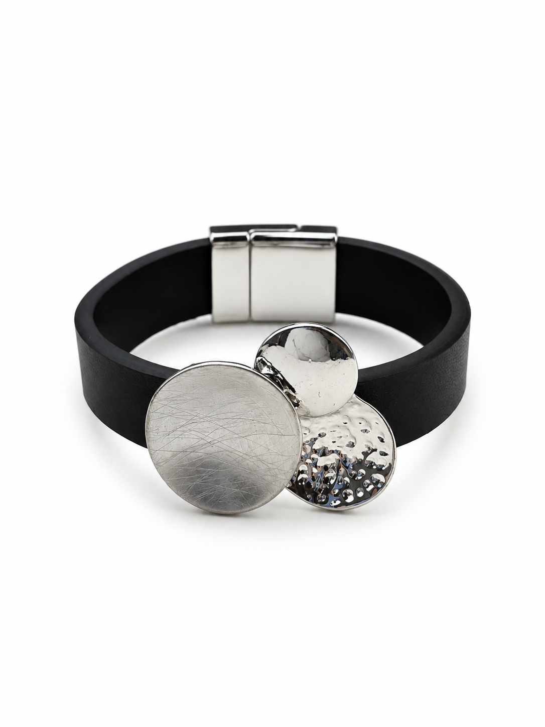 Dokulu Disk Tasarım Deri Silver Mıknatıslı Bileklik