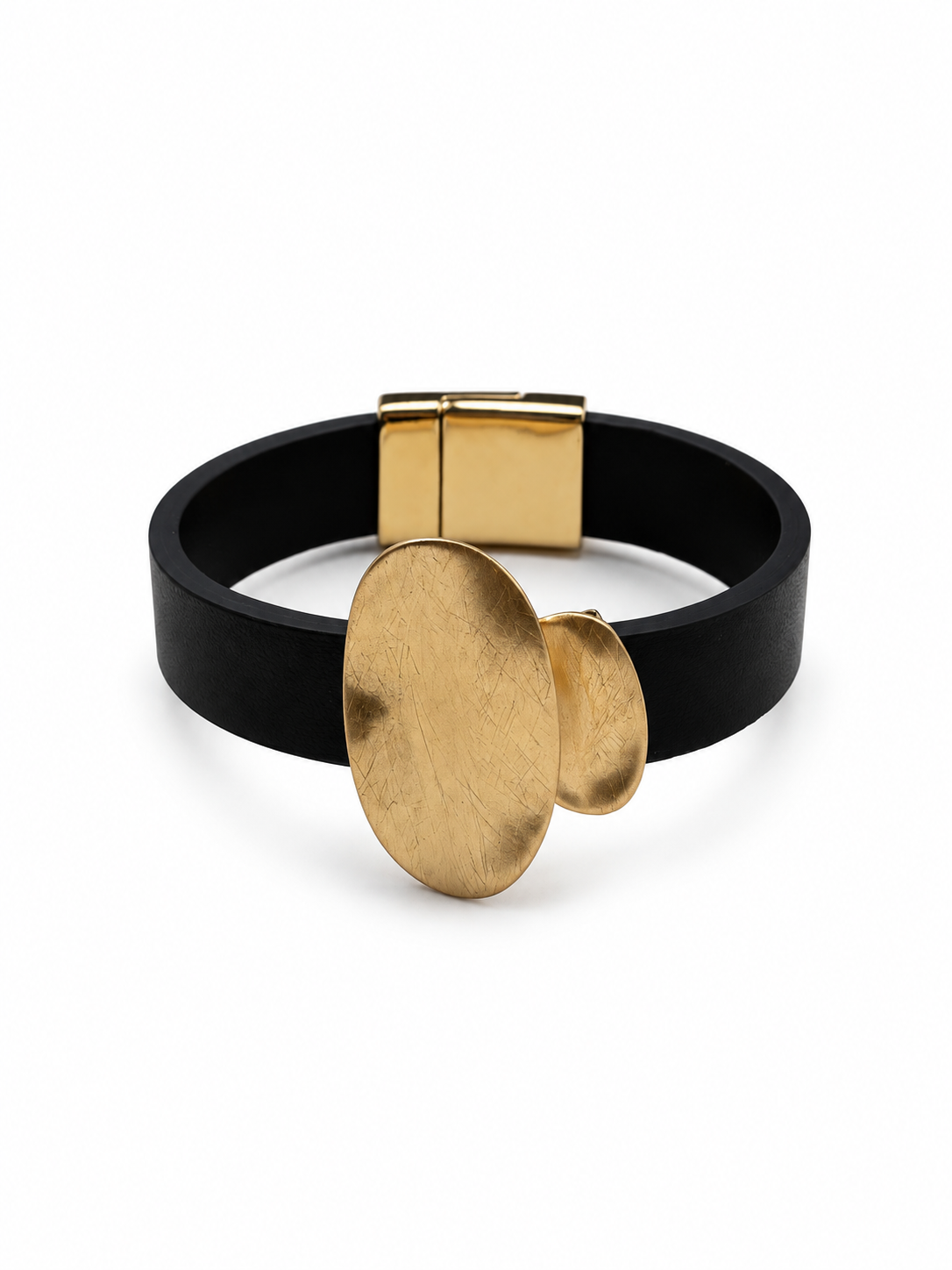 Dokulu Mat Oval Deri Gold Mıknatıslı Bileklik