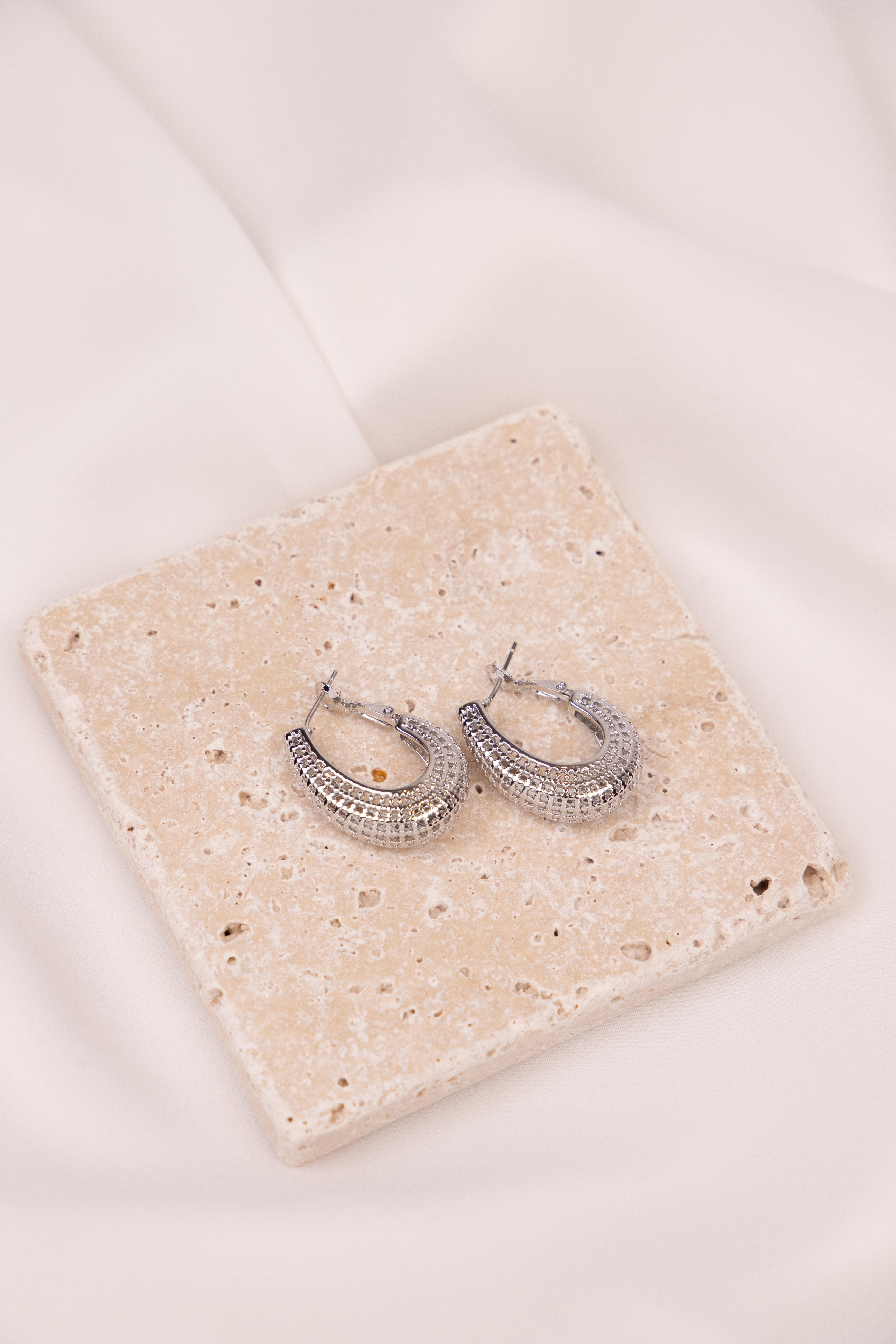 Dokulu Oval Formlu Gümüş Halka Küpe