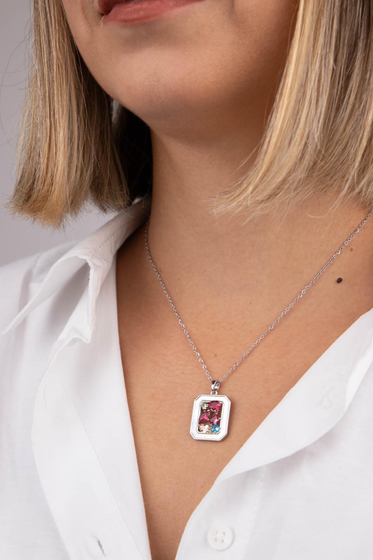 Geometrik Baget Taş Detaylı Gümüş Çelik Kolye