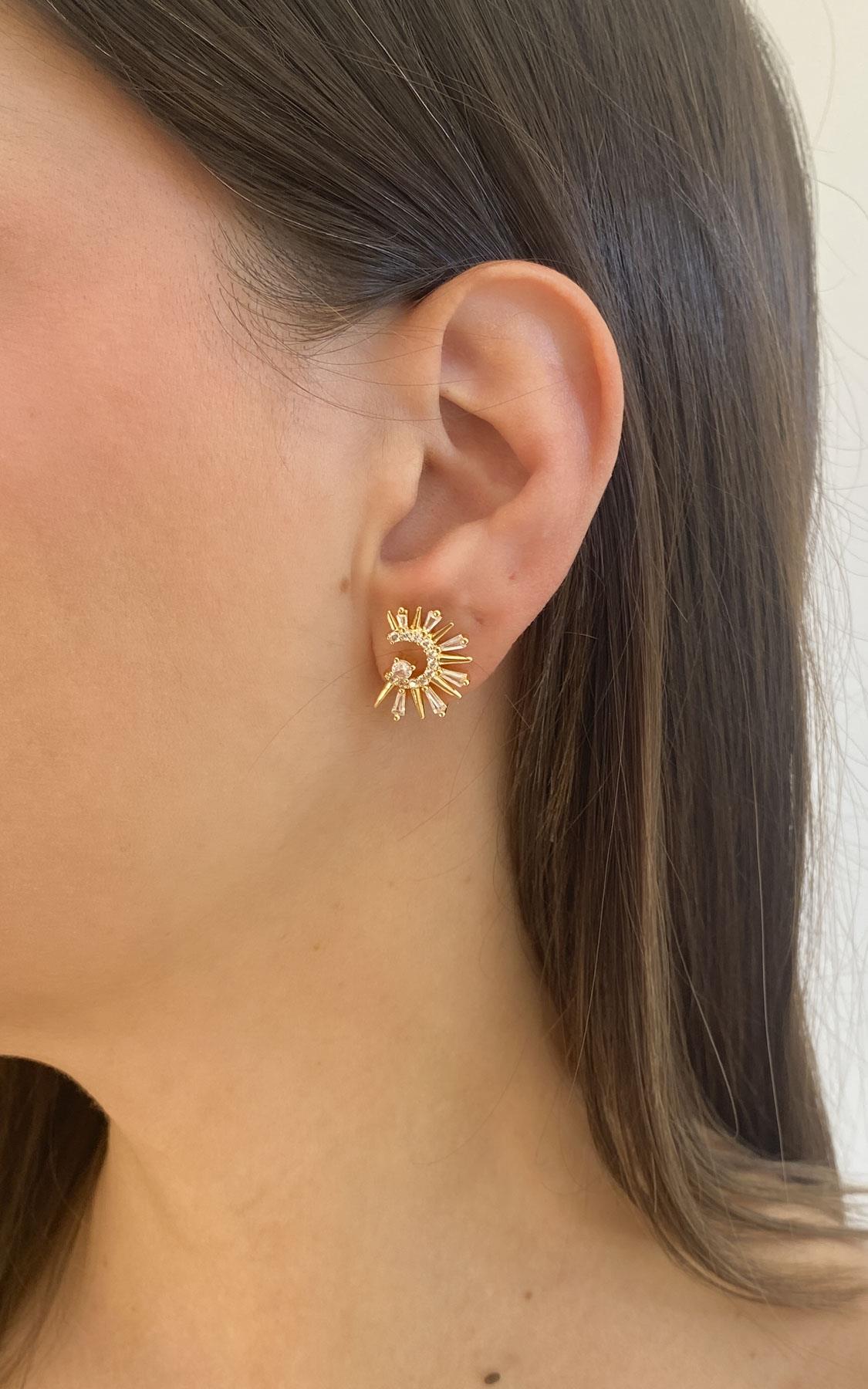 Geometrik Baget Taşlı Gold Küpe