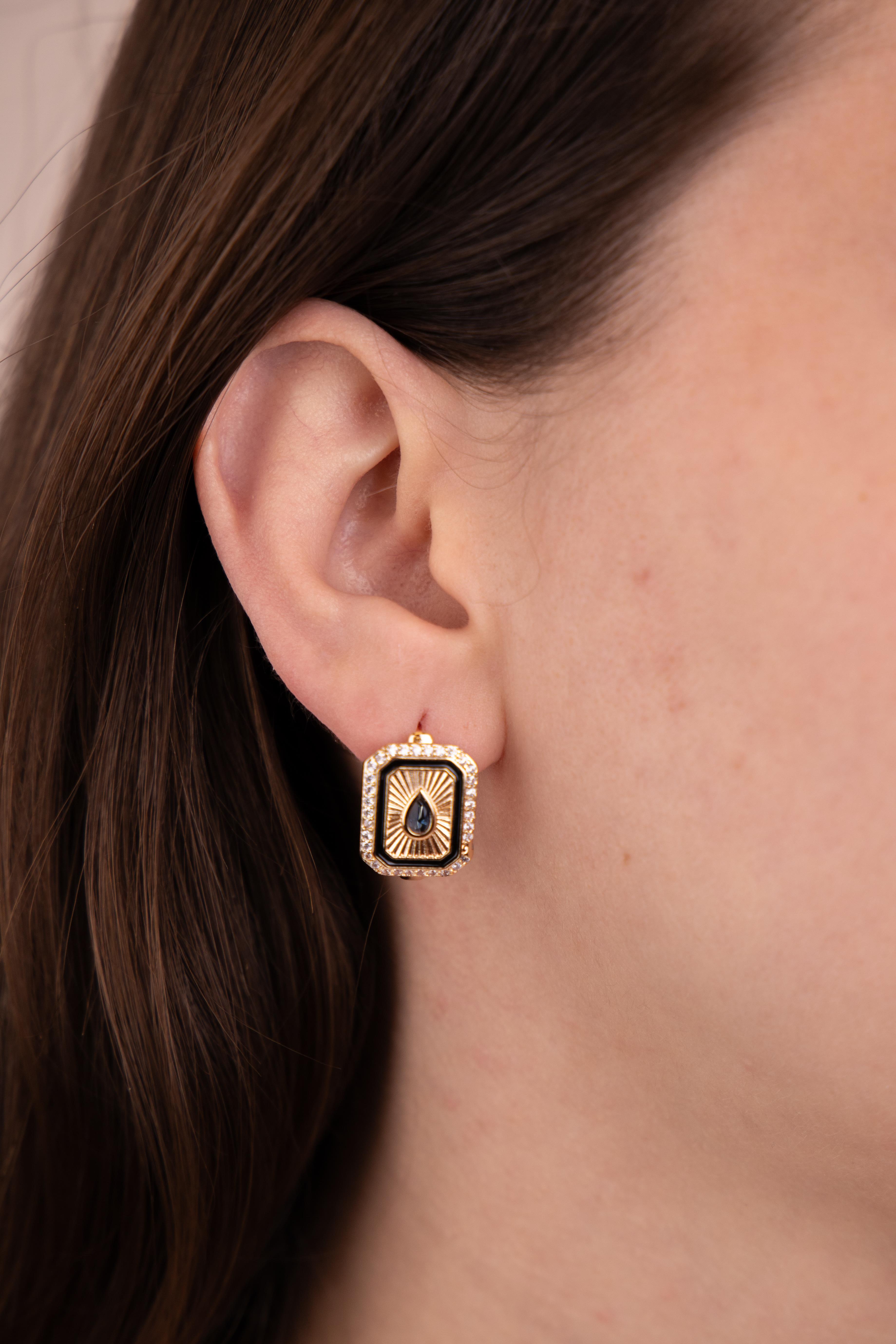 Geometrik Plaka Damla Detaylı Gold Siyah Halka Küpe