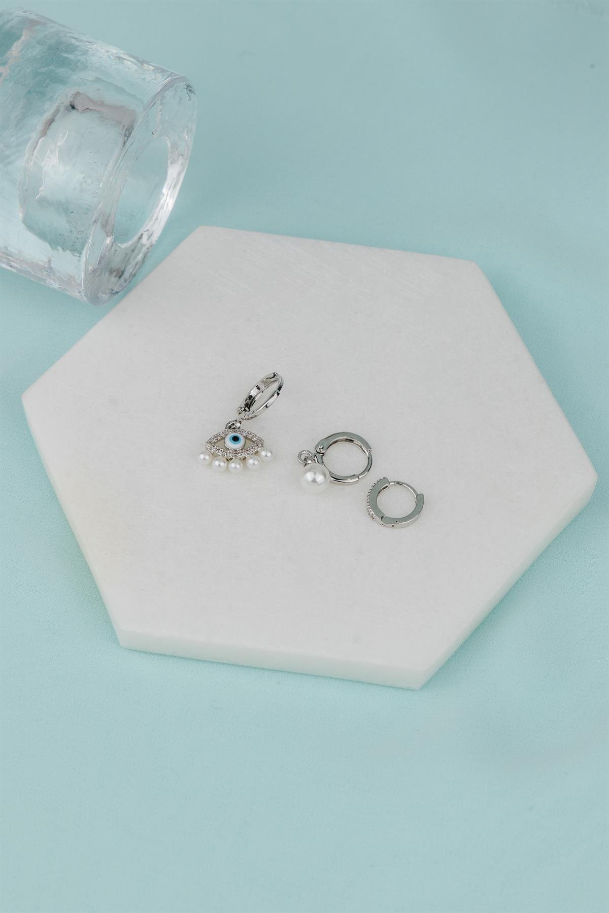 Göz Figürlü İncili Gümüş Set Küpe