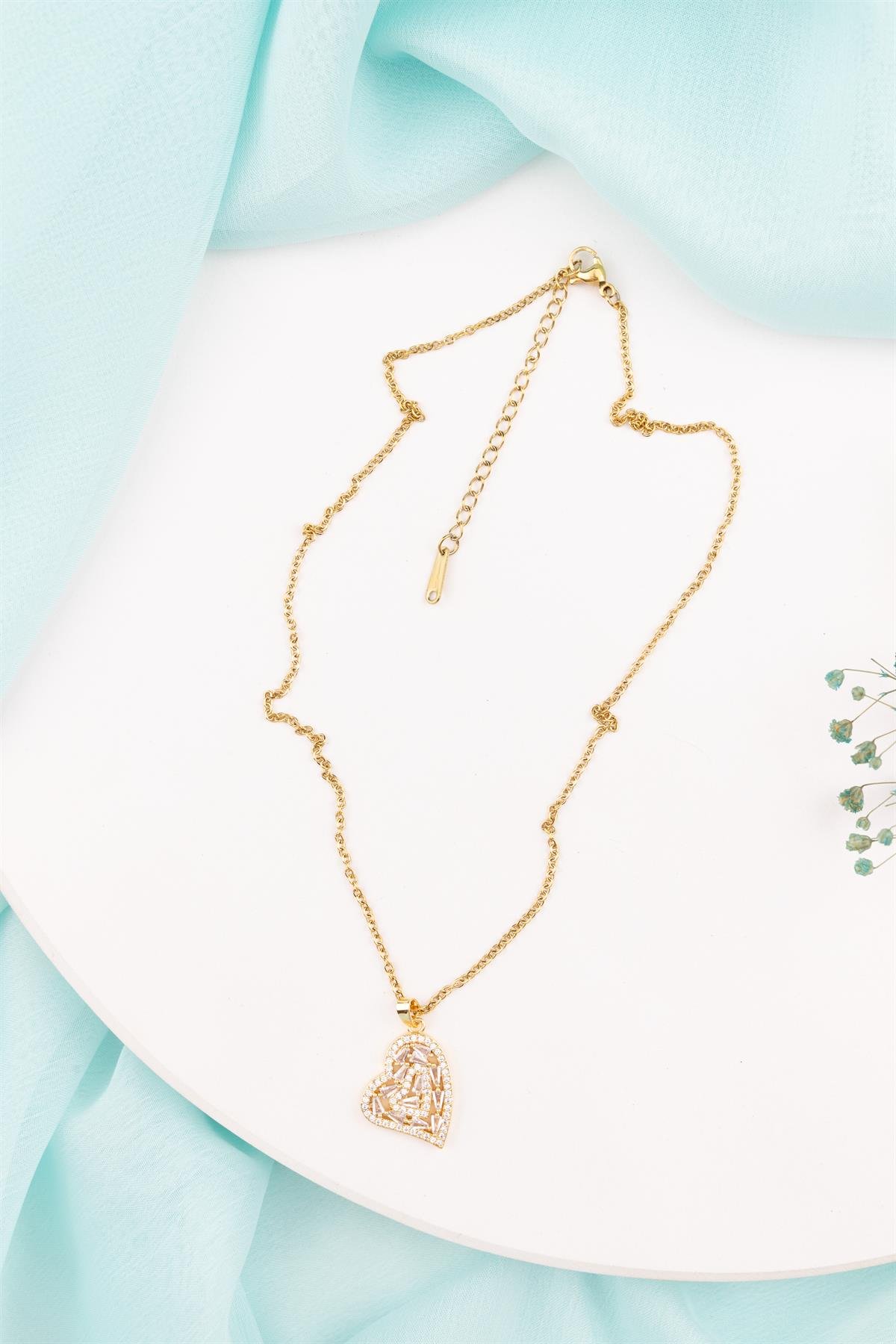 Kalp Figürlü Baget Taşlı Gold Çelik Kolye