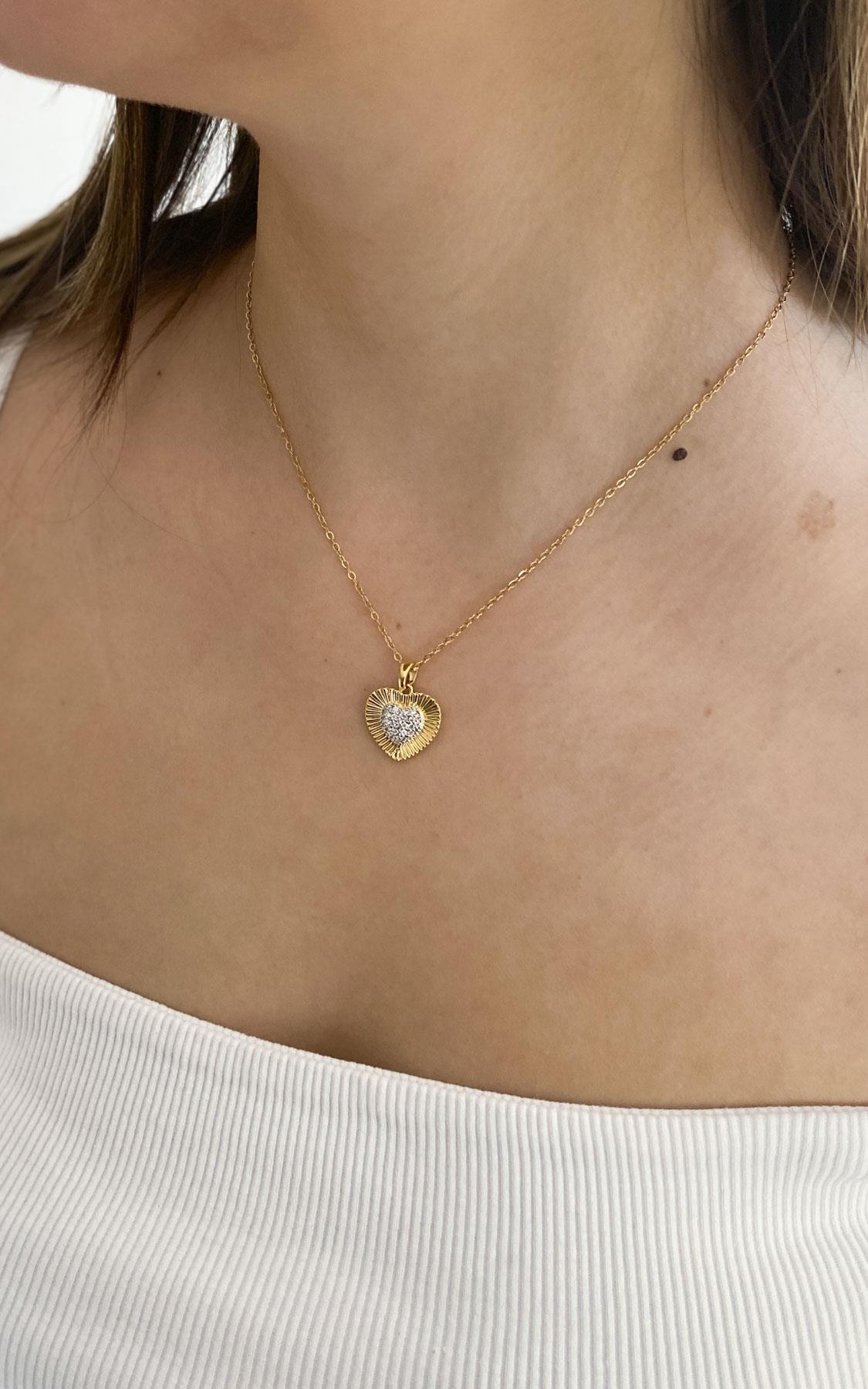 Kalp Figürlü Zirkon Taş Detaylı Gold Gümüş Çelik Kolye