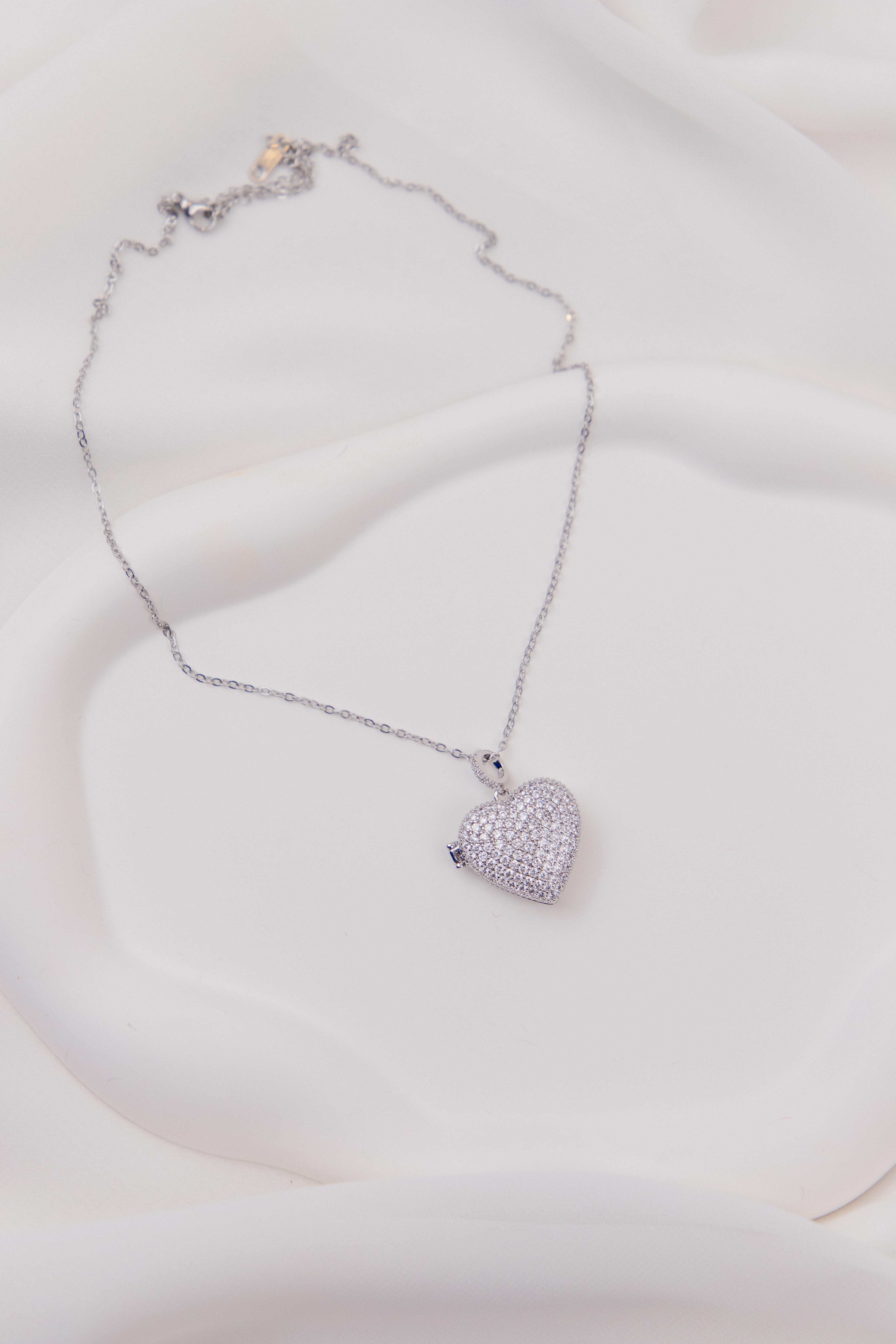 Kalp Figürlü Zirkon Taşlı Gümüş Kapaklı Çelik Kolye