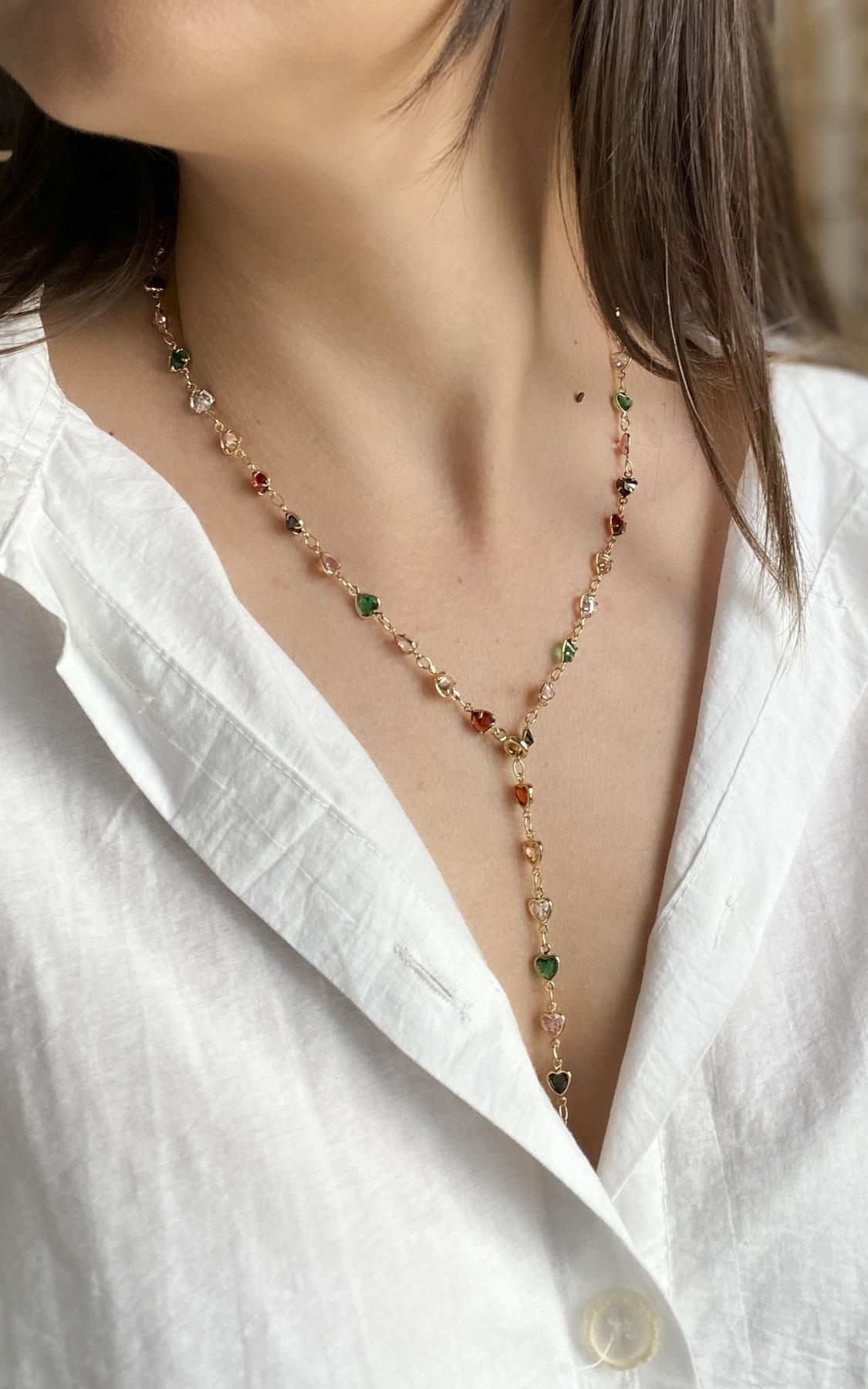 Kalp Sıralı Gold Renkli Çellik Y Kolye