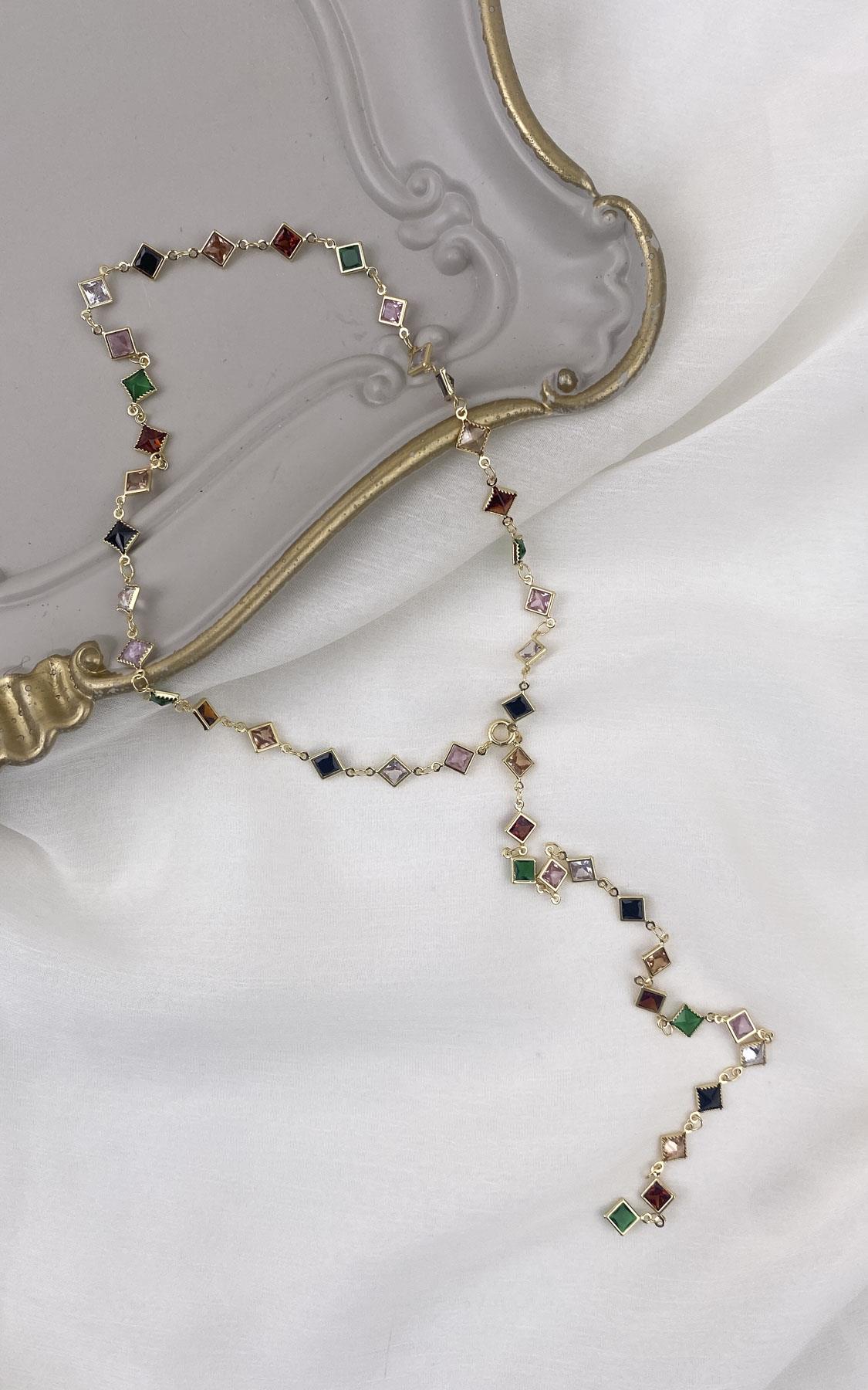 Kare Sıralı Gold Renkli Çelik Y Kolye