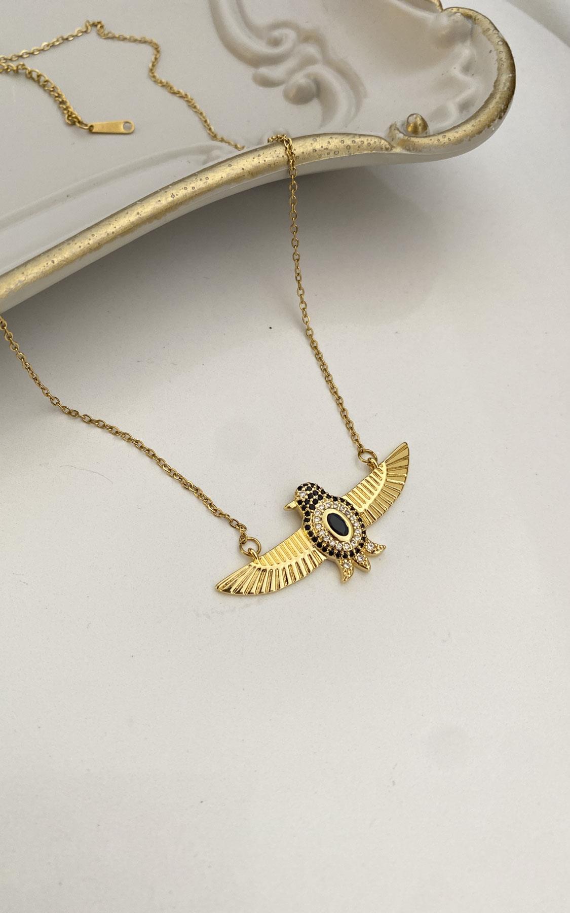 Kuş Figürlü Gold Çelik Kolye