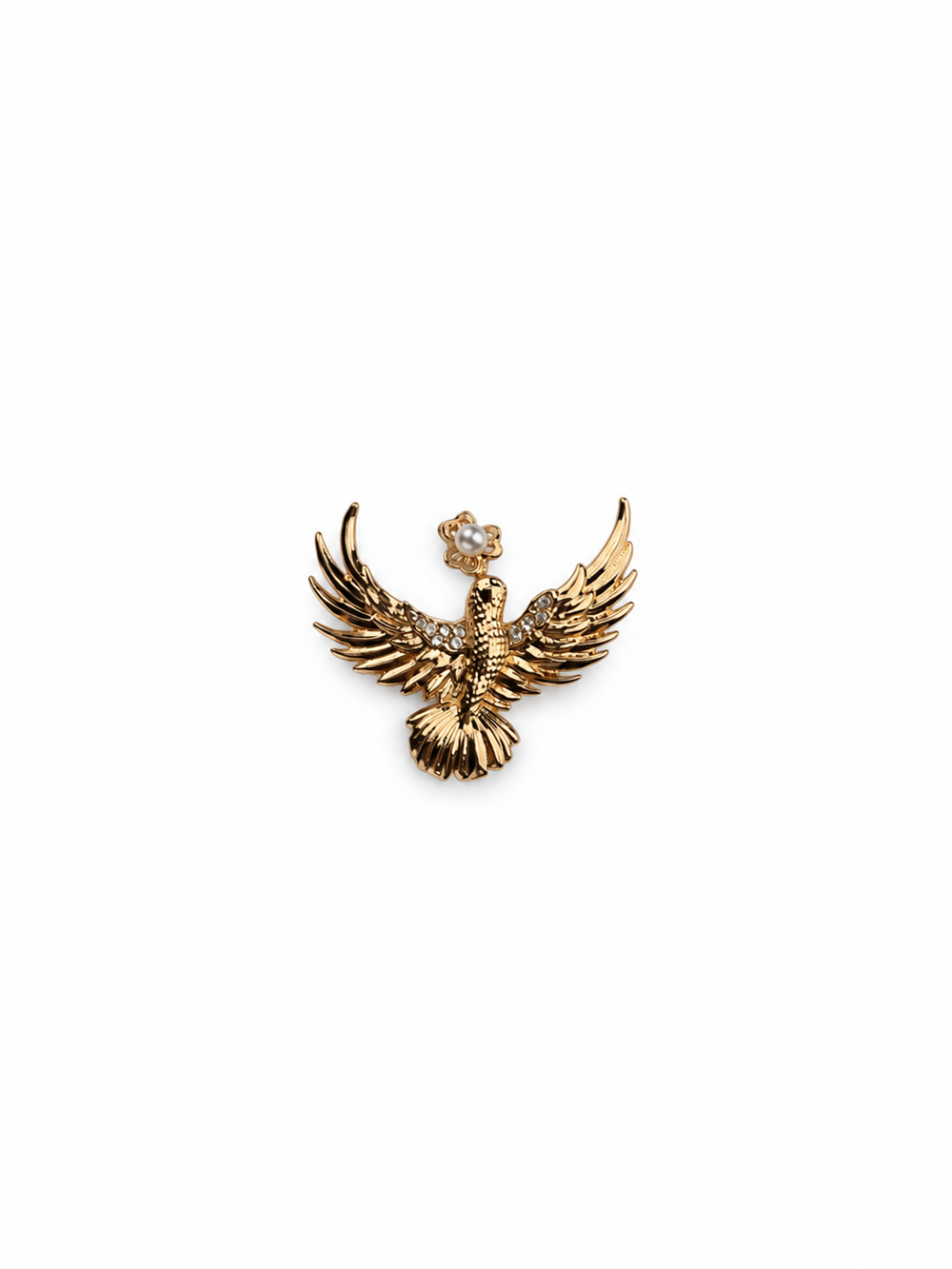 Kuş Figürlü İnci Detaylı Gold Broş