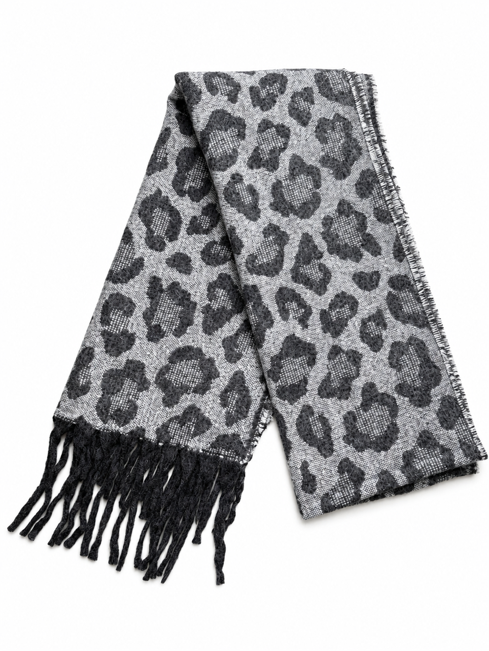 Leopar Desenli Gri Püsküllü Şal