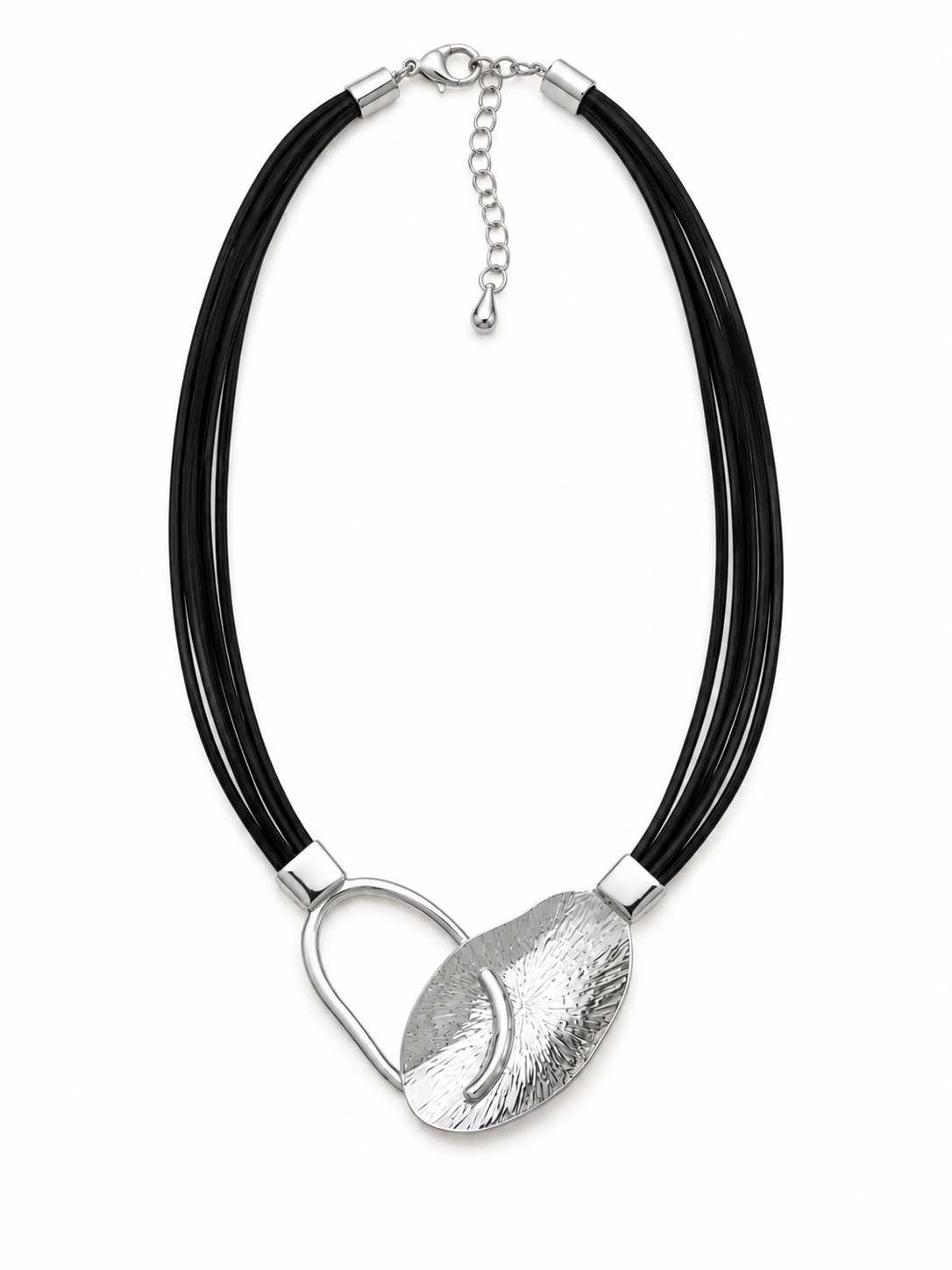 Oval Asimetrik Mat Silver Deri İp Kolye