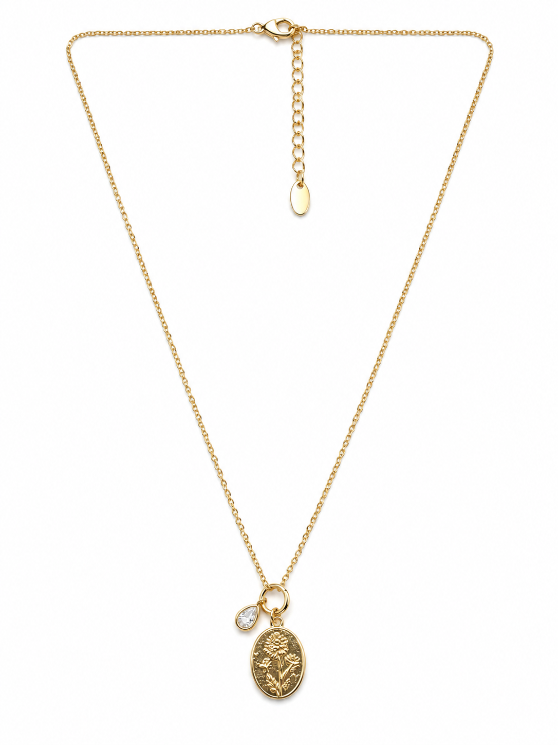 Oval Plaka Çiçek Desenli Gold Kolye