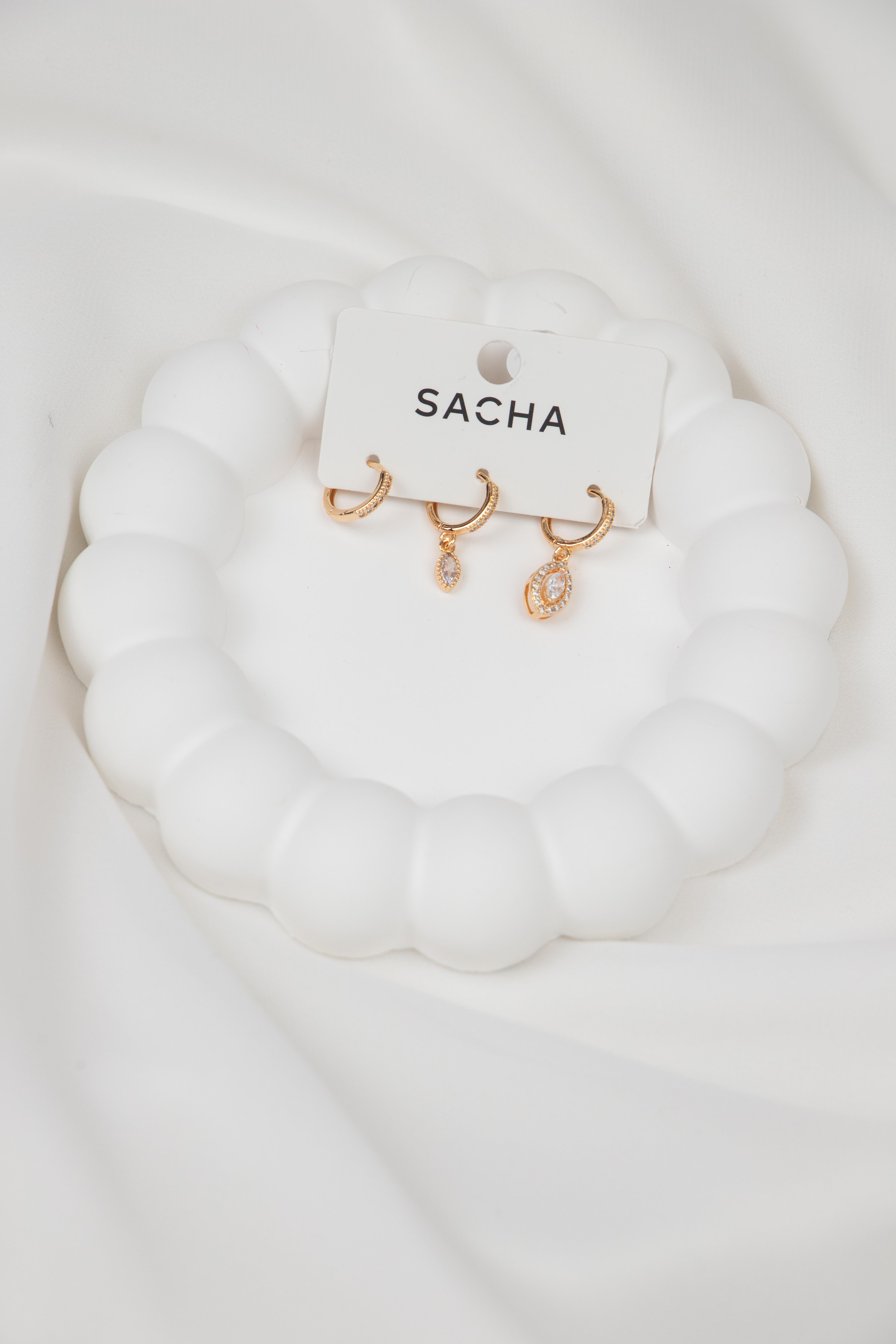 Oval Taşlı Gold Set Küpe