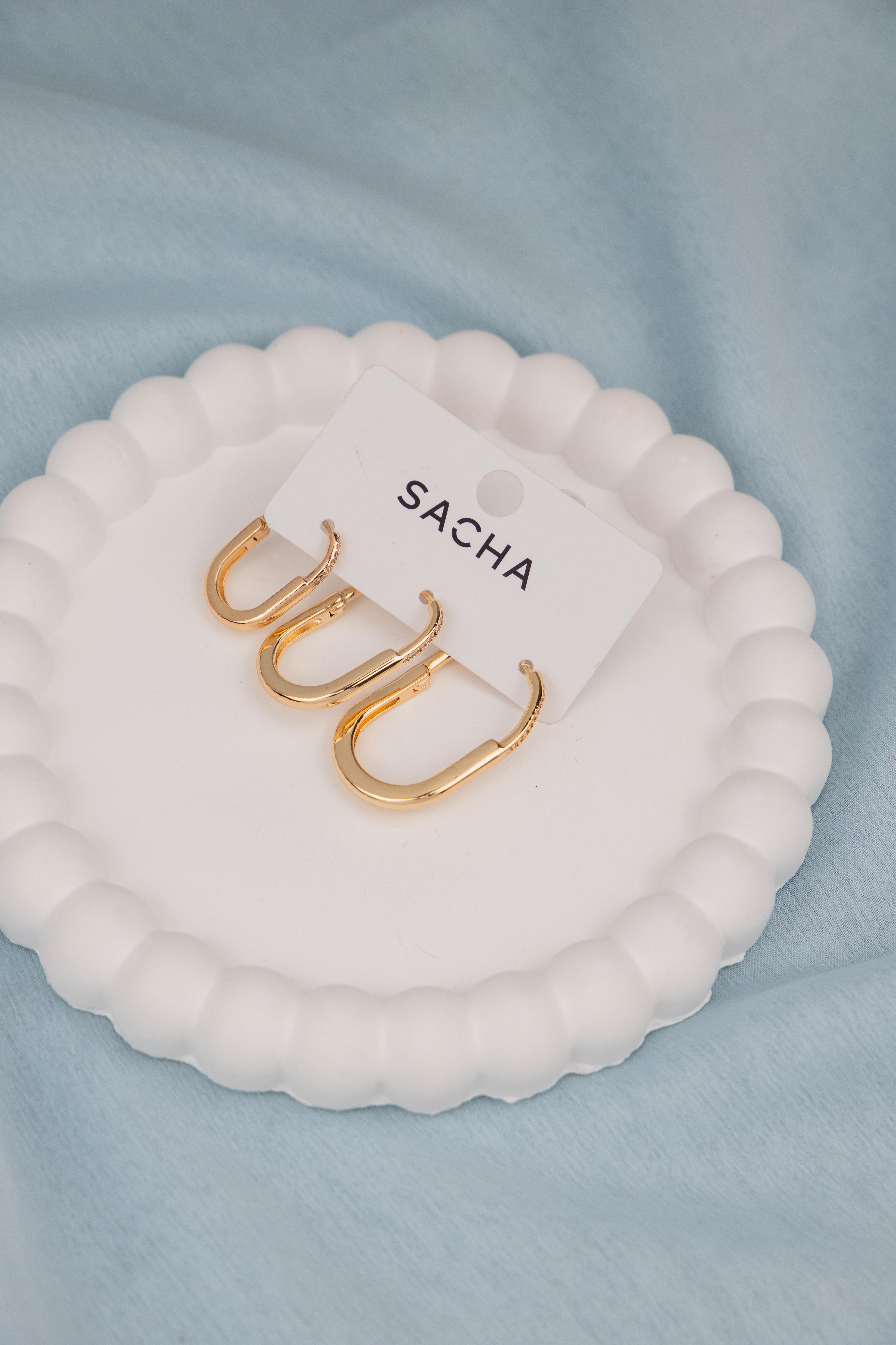 Oval Zirkon Taş Detaylı Gold Set Halka Küpe