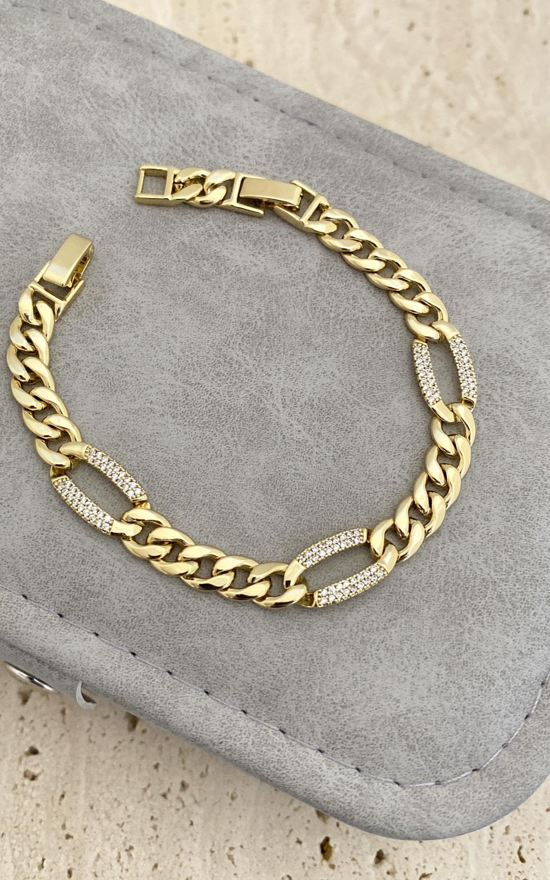 Oval Zirkon Taşlı Yassı Zincir Gold Bileklik