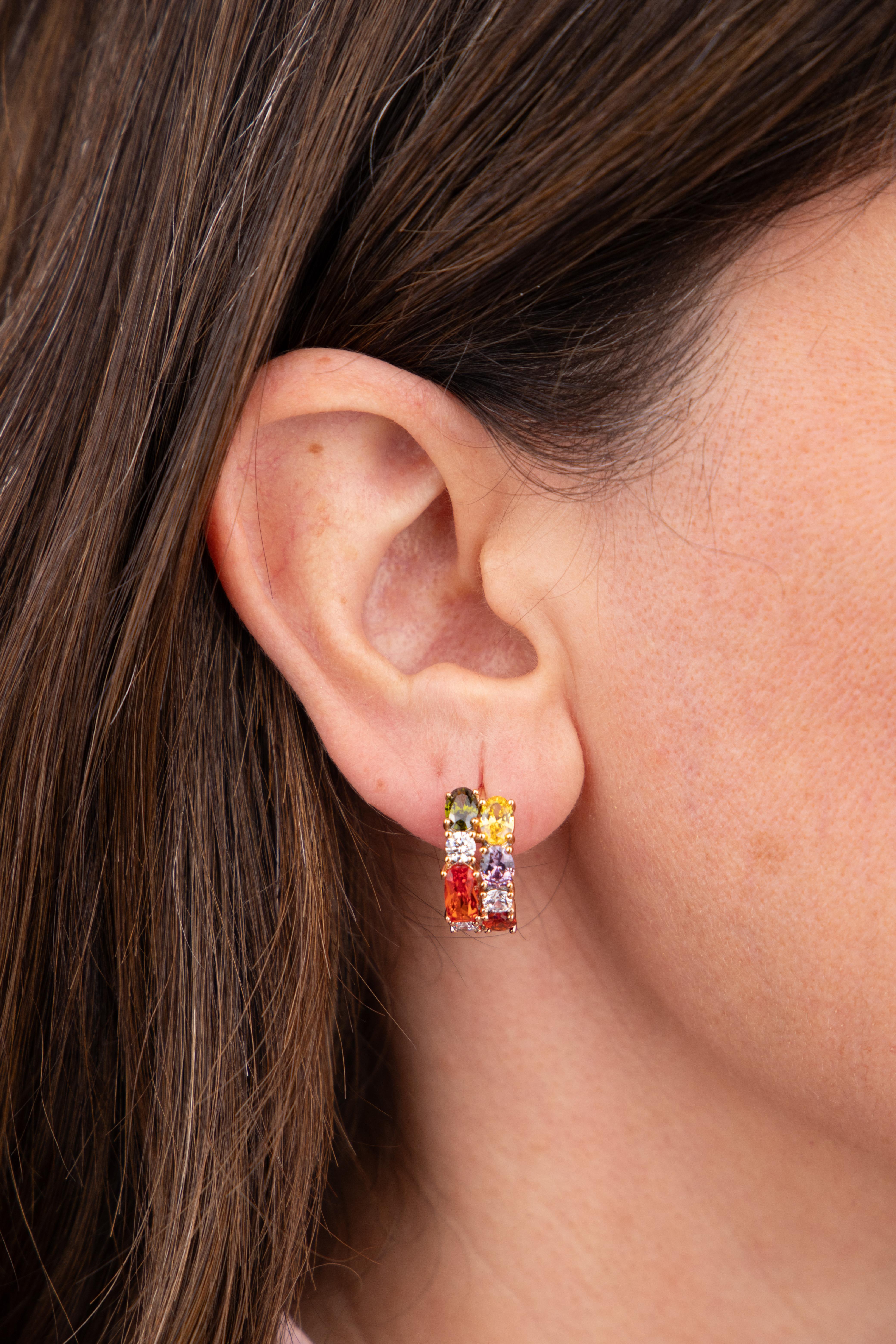 Renkli Baget Taşlı Gold Halka Küpe