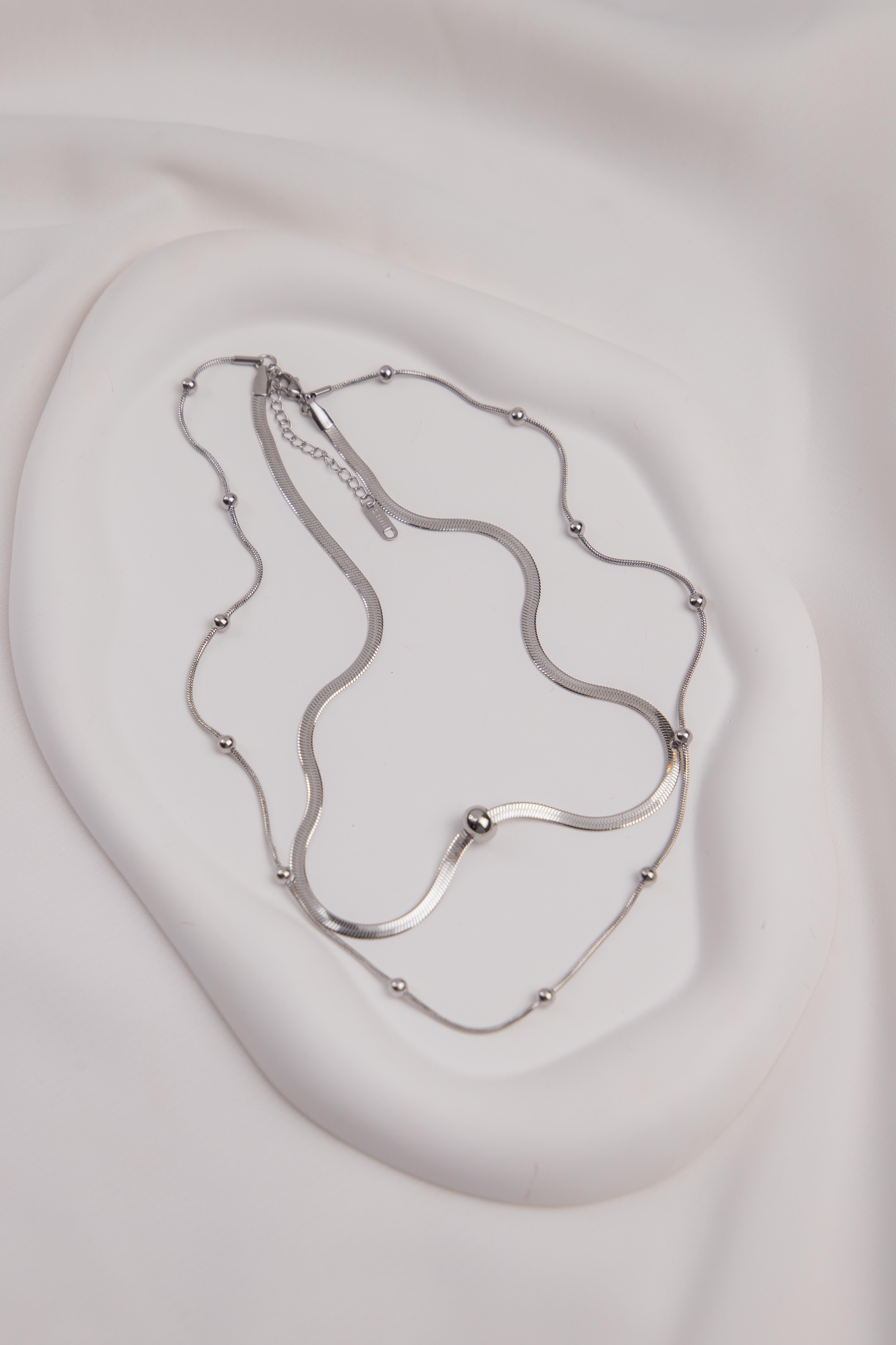 Topçuk ve İtalyan Zincirli Çift Sıra Gümüş Çelik Kolye