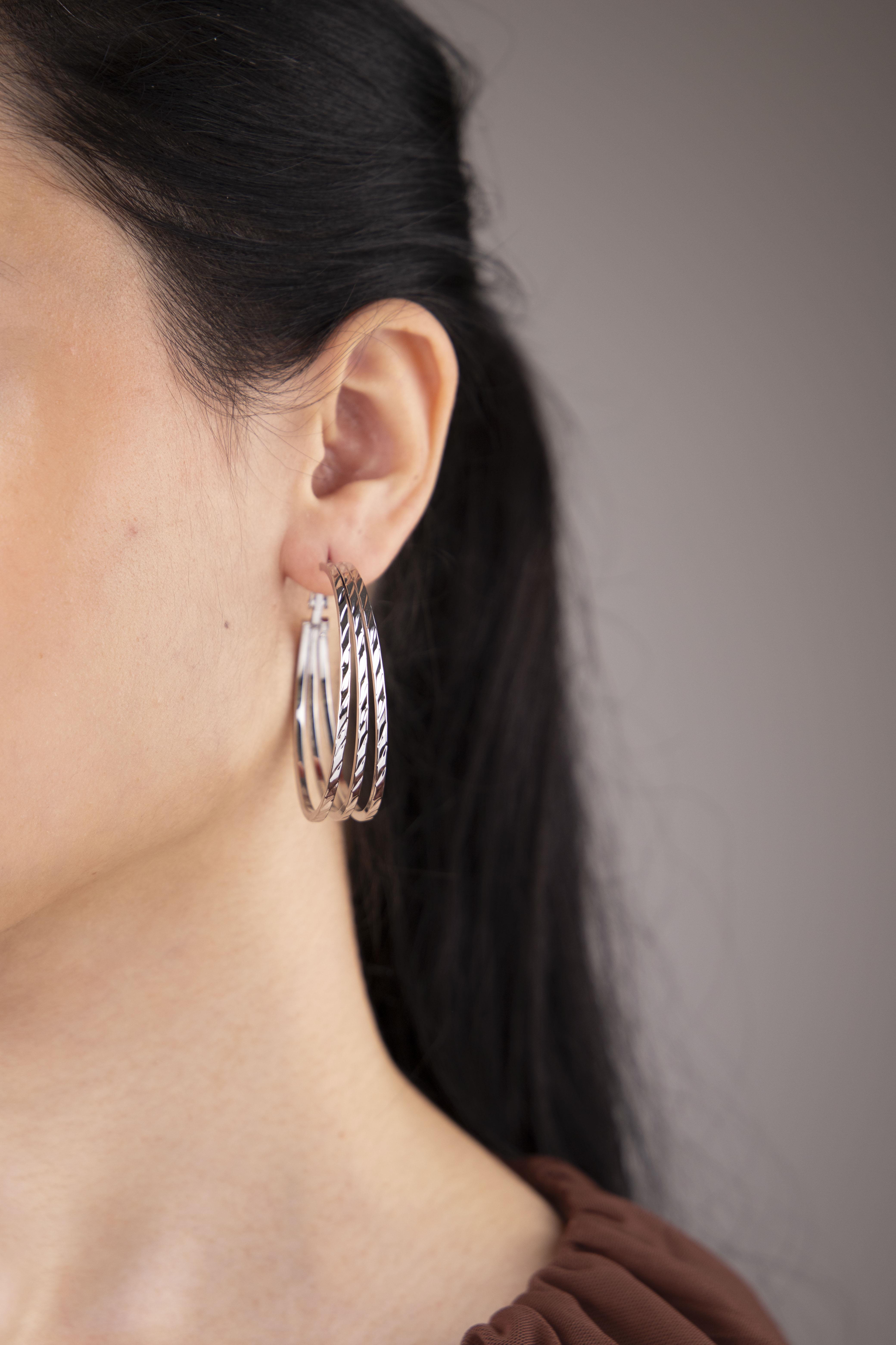 Üç Sıralı 4.5cm Gümüş Halka Küpe