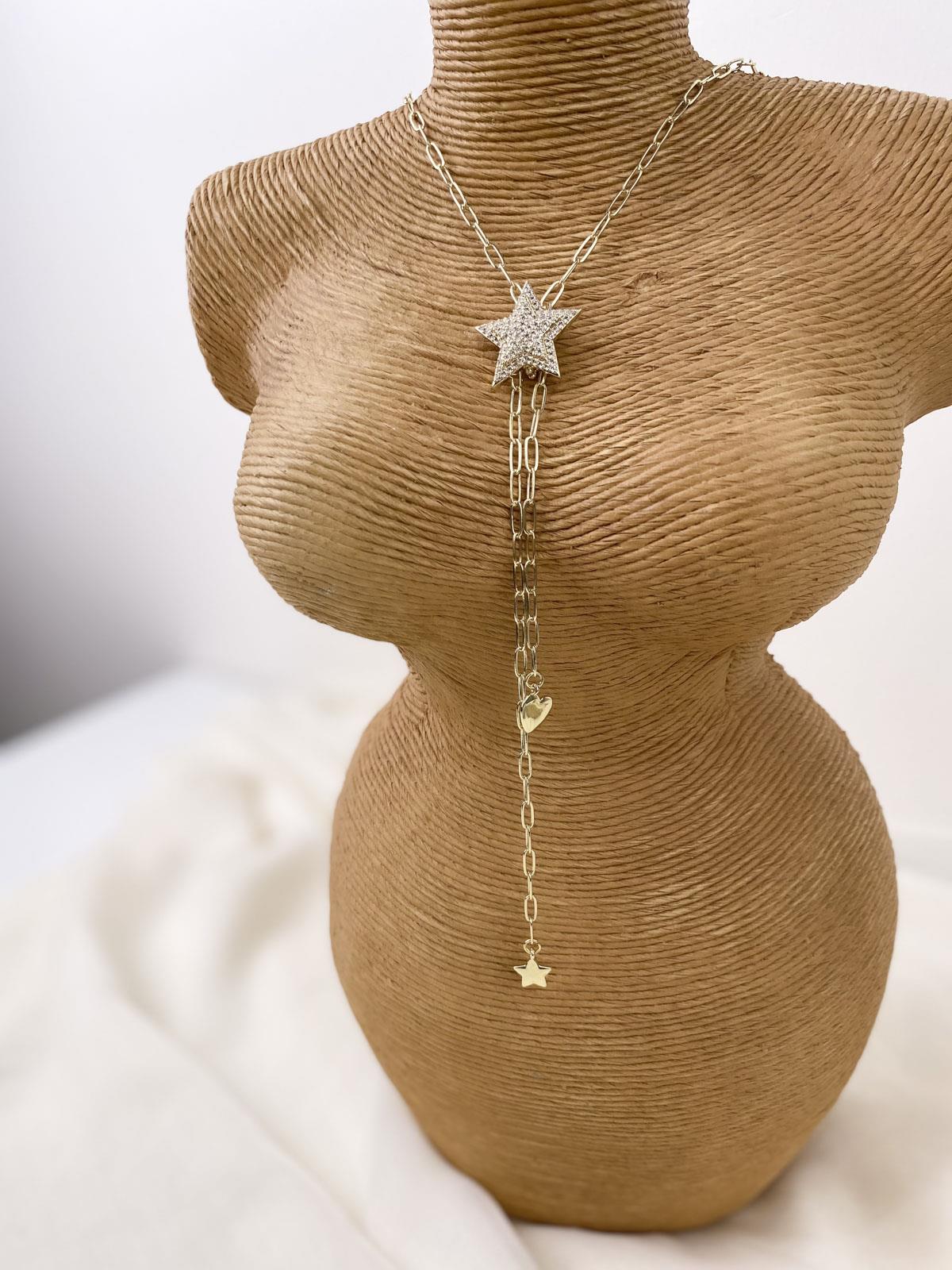 Yıldız Figürlü Taşlı Gold Y Kolye