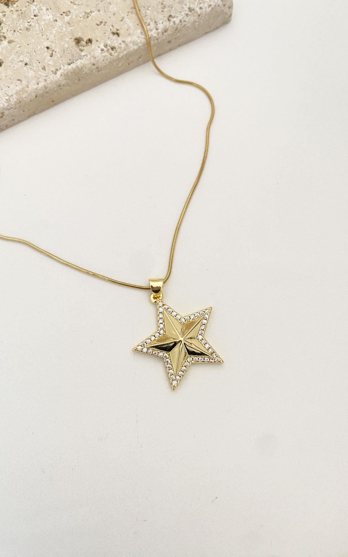 Yıldız Figürlü Zirkon Taşlı Gold Çelik Kolye