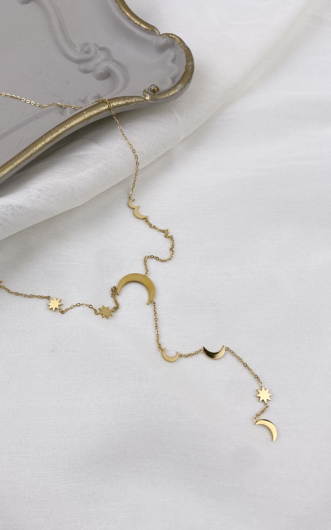 Yıldız ve Hilal Figürlü Gold Çelik Y Kolye