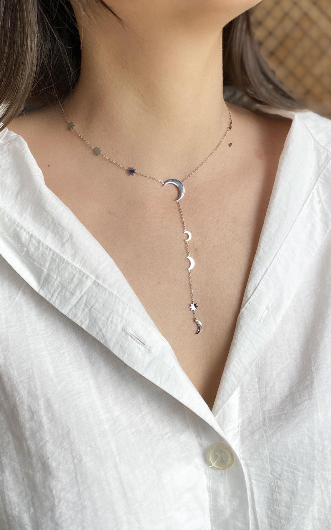 Yıldız ve Hilal Figürlü Gümüş Çelik Y Kolye