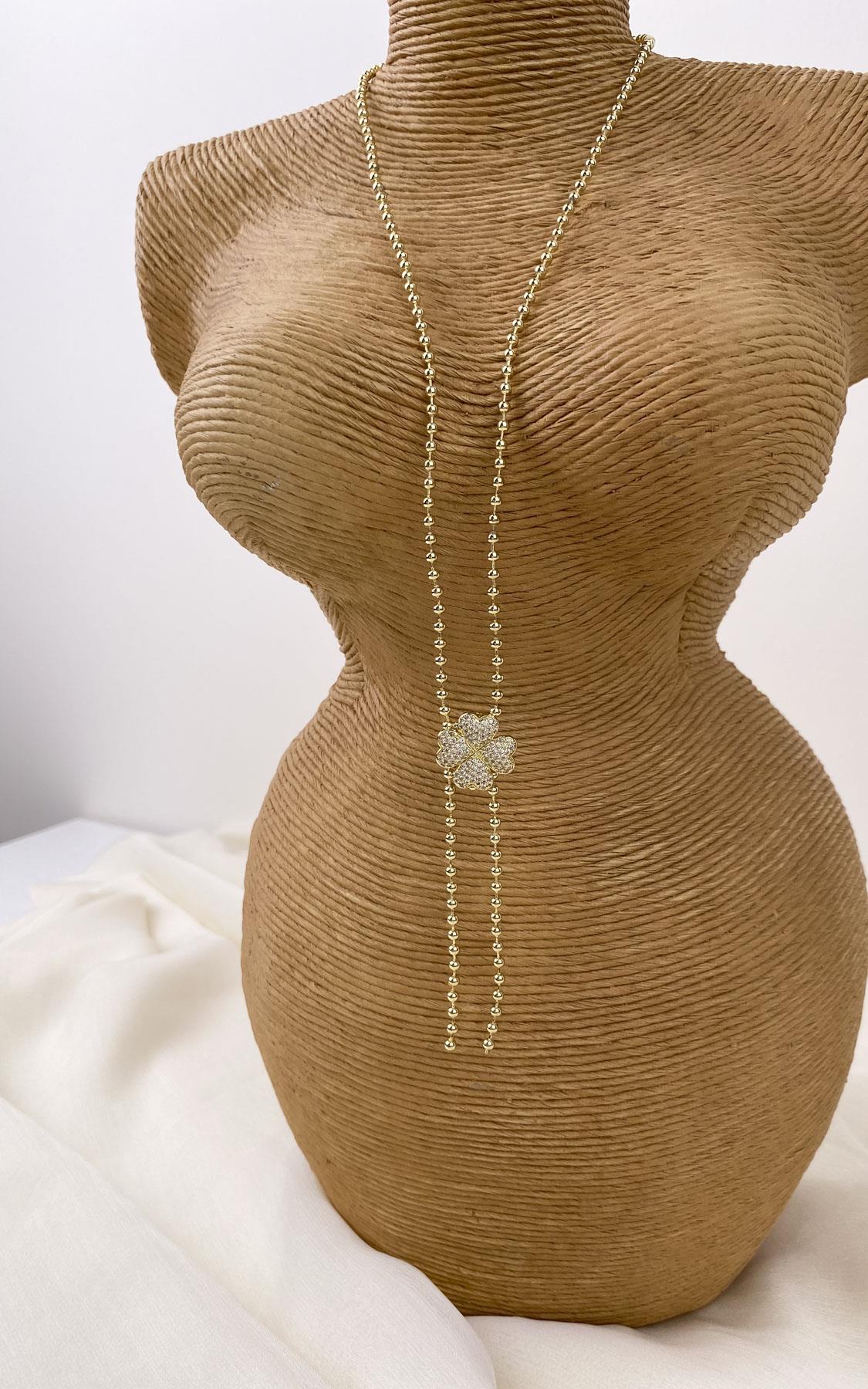 Yonca Figürlü Taşlı Topçuk Zincir Gold Y Kolye