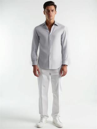 Todth Kolay Ütülenebilen Dört Mevsim Modern Fit Yumuşak Dokulu Gri Düz Erkek Gömlek