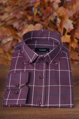 Todth Kolay Ütülenebilen Dört Mevsim Modern Fit Yumuşak Dokulu Bordo Beyaz Çizgili Erkek Gömlek