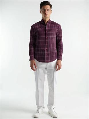 Todth Kolay Ütülenebilen Dört Mevsim Modern Fit Yumuşak Dokulu Bordo Beyaz Çizgili Erkek Gömlek