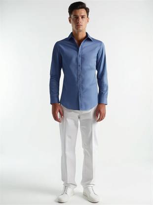 Todth Kolay Ütülenebilen Dört Mevsim Modern Fit Yumuşak Dokulu Indigo Düz Erkek Gömlek