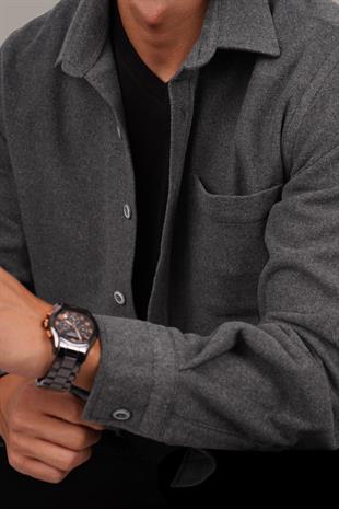 Füme Düz Oversize Oduncu Gömlek & Beyaz Slimfit Tişört & Gri Pantolon 3lü Kombin
