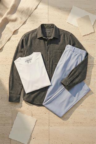 Füme Düz Oversize Oduncu Gömlek & Beyaz Slimfit Tişört & Gri Pantolon 3lü Kombin