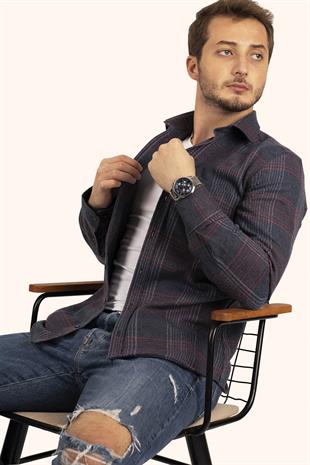 Lacivert Kırmızı Çizgili Slimfit Oduncu Gömlek & Beyaz Slimfit Tişört & Lacivert Pantolon 3lü Kombin